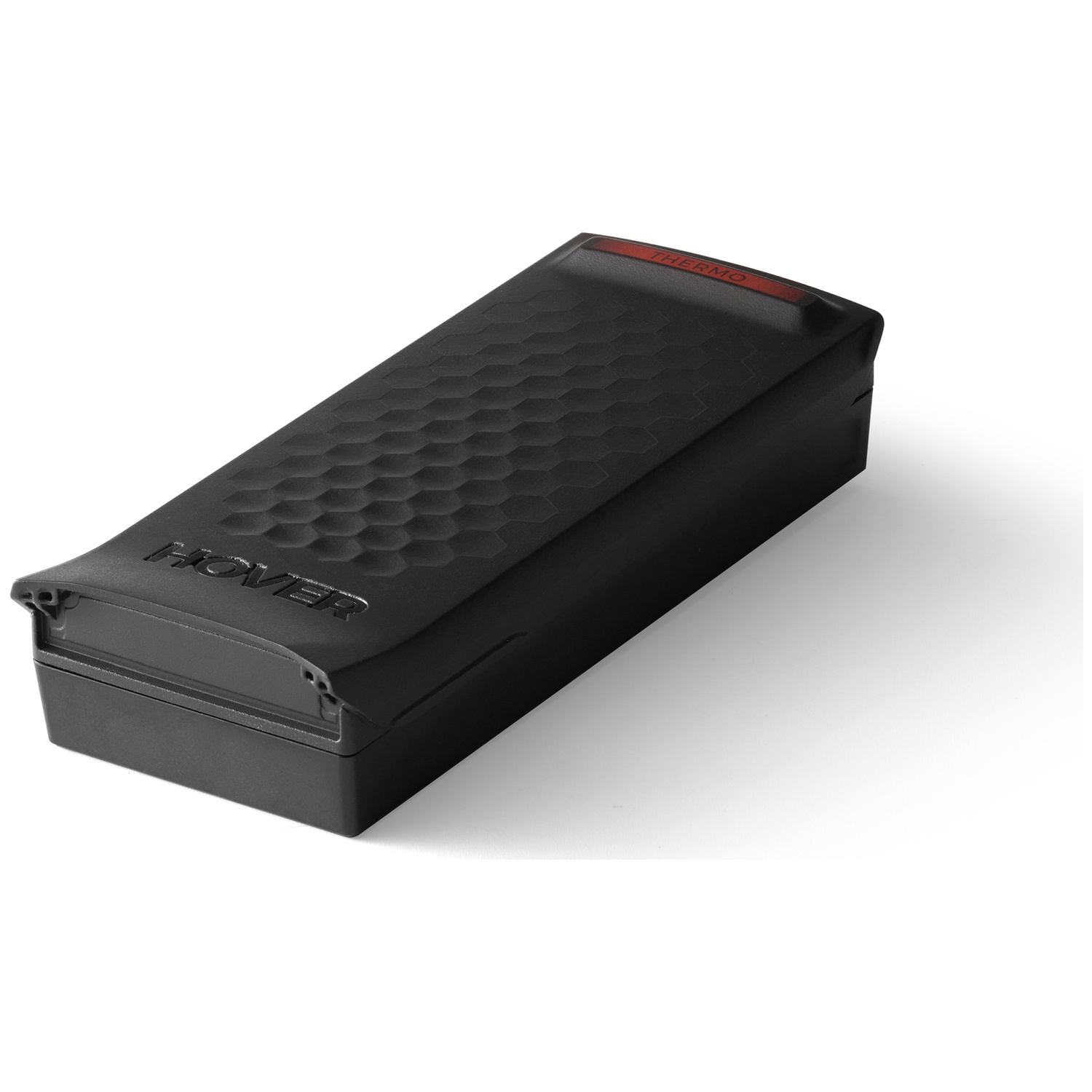 Black rectangular device with honeycomb top and red stripe.