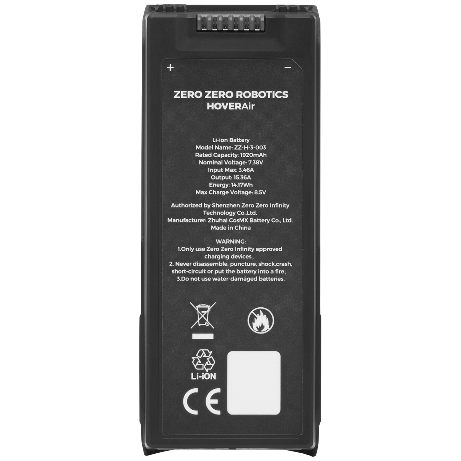 Black Li-ion battery for HoverAir, showing specs and warnings.