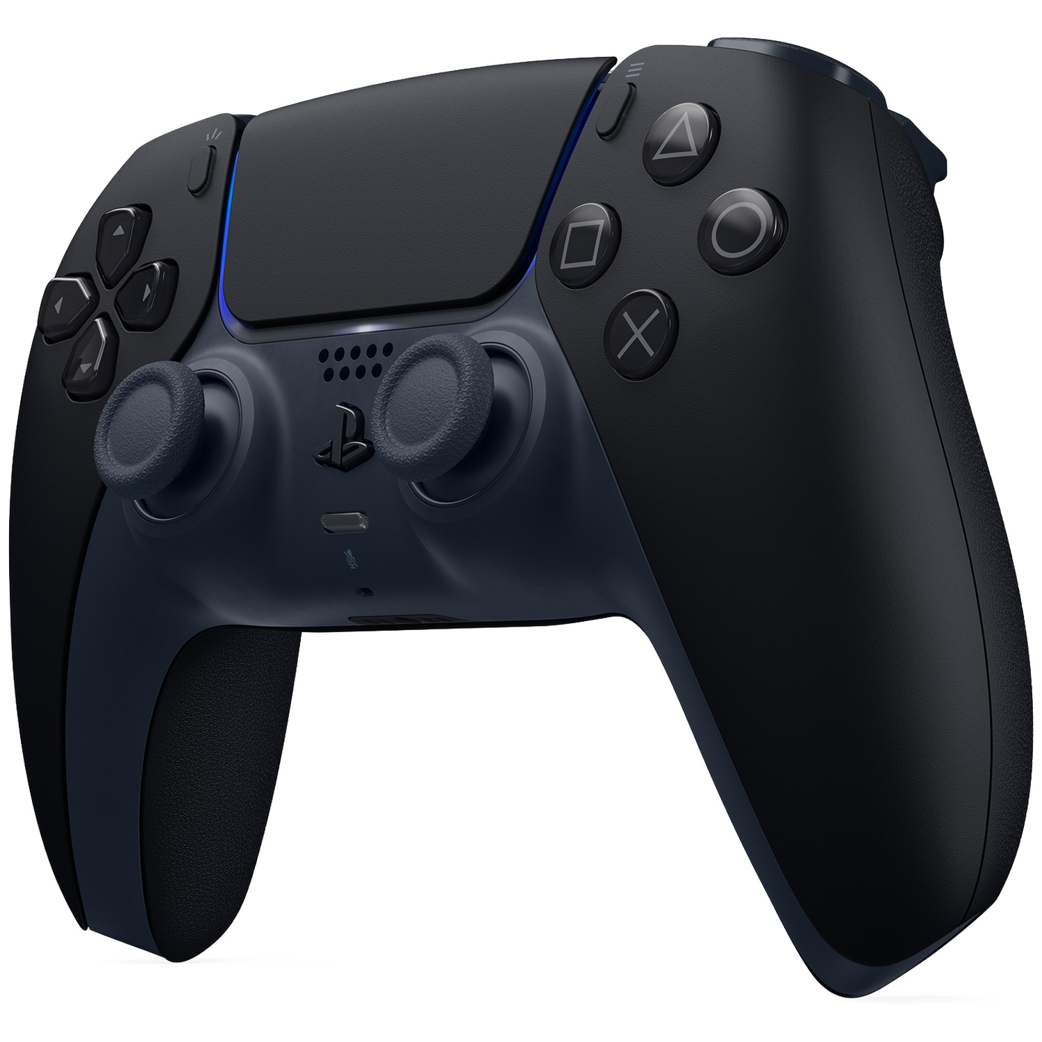 A black game controller with blue accents and analog sticks.