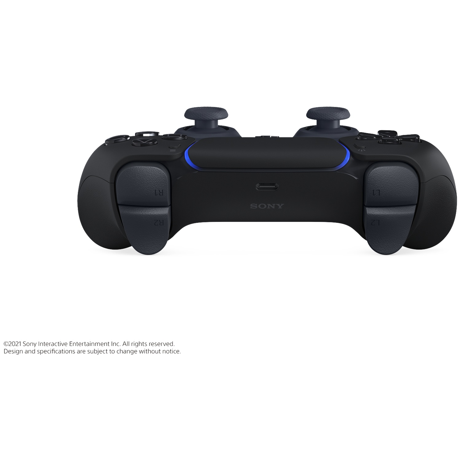 Black Sony controller with blue light bar, buttons, and joysticks.