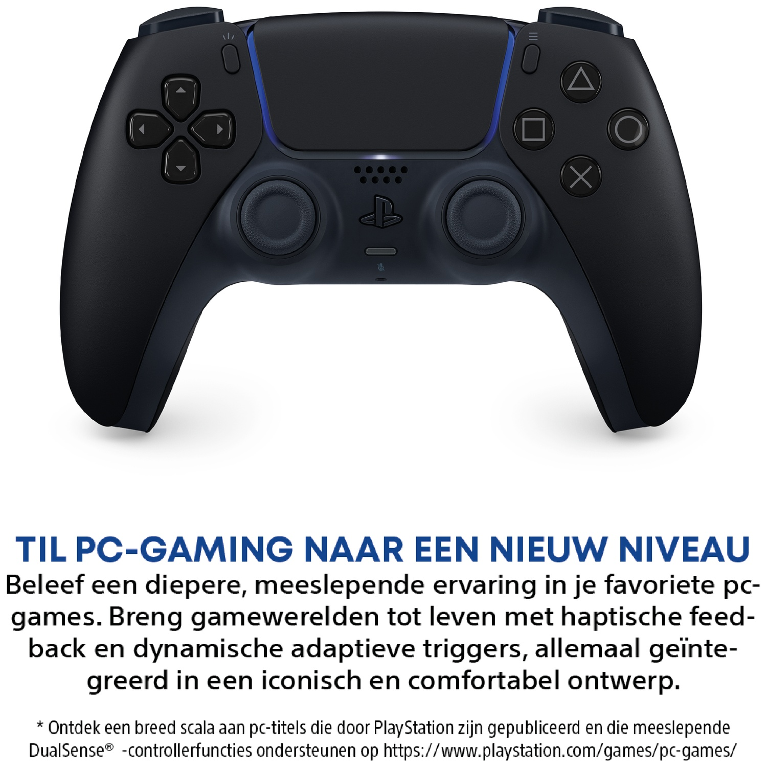 Black PlayStation DualSense controller with blue accents, front view.