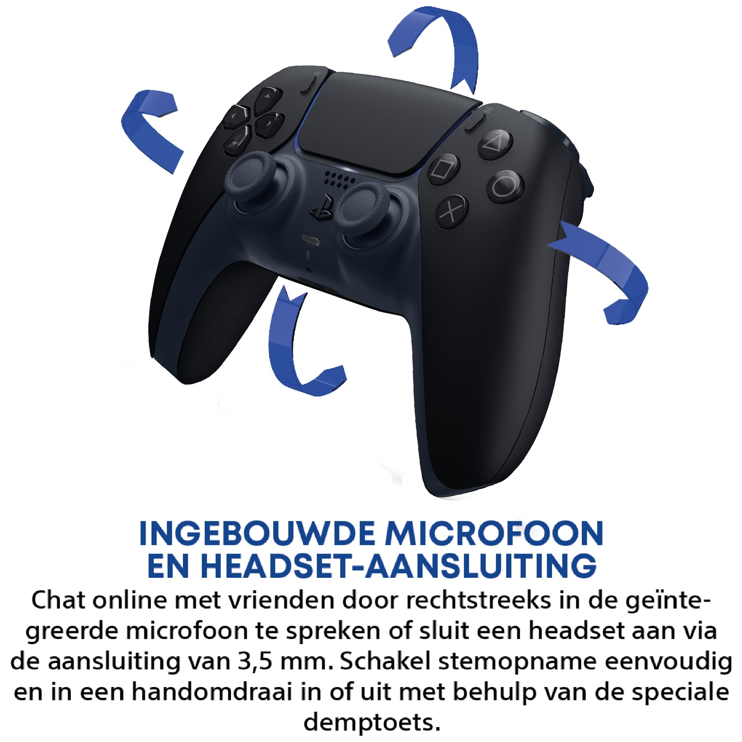 Black game controller with blue arrows indicating connections.