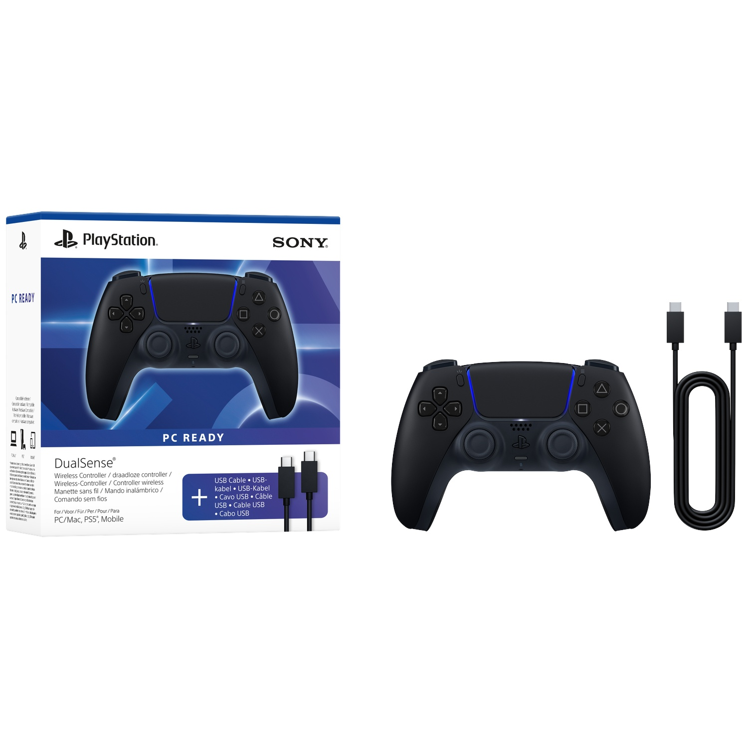 Black PlayStation DualSense controller with USB cable and packaging.