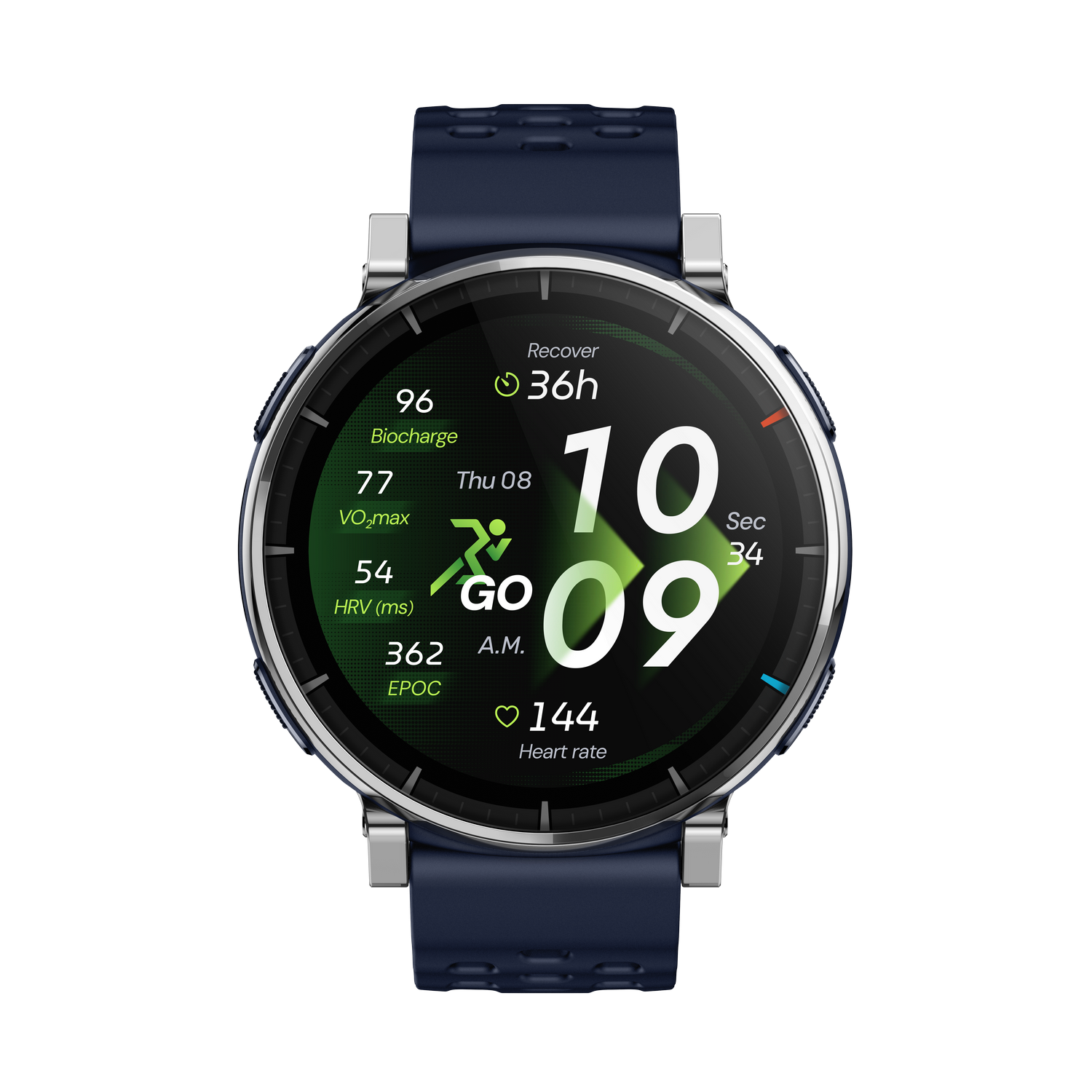 Un reloj inteligente azul oscuro muestra la hora 10:09 AM y datos de fitness.