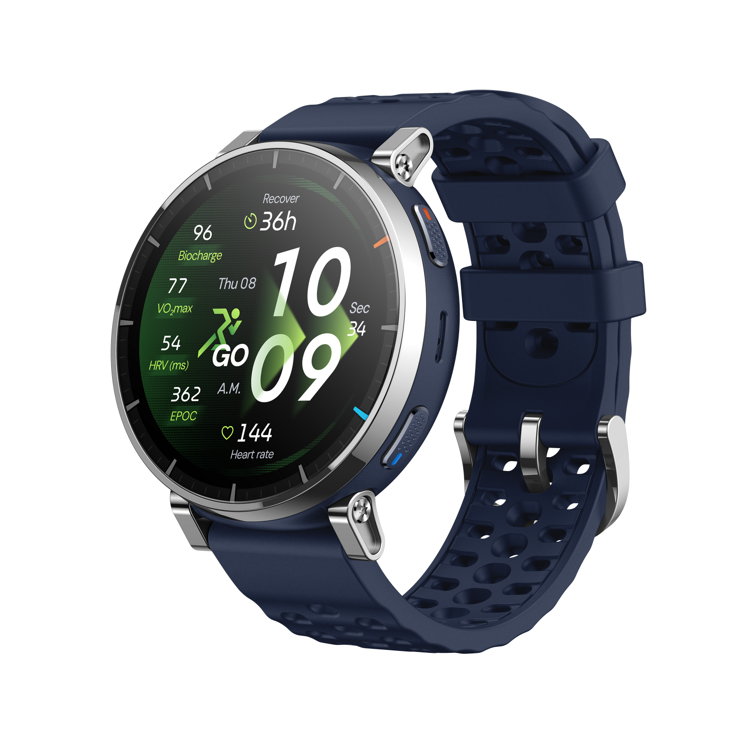 Un reloj inteligente azul oscuro con bisel plateado muestra métricas de fitness.