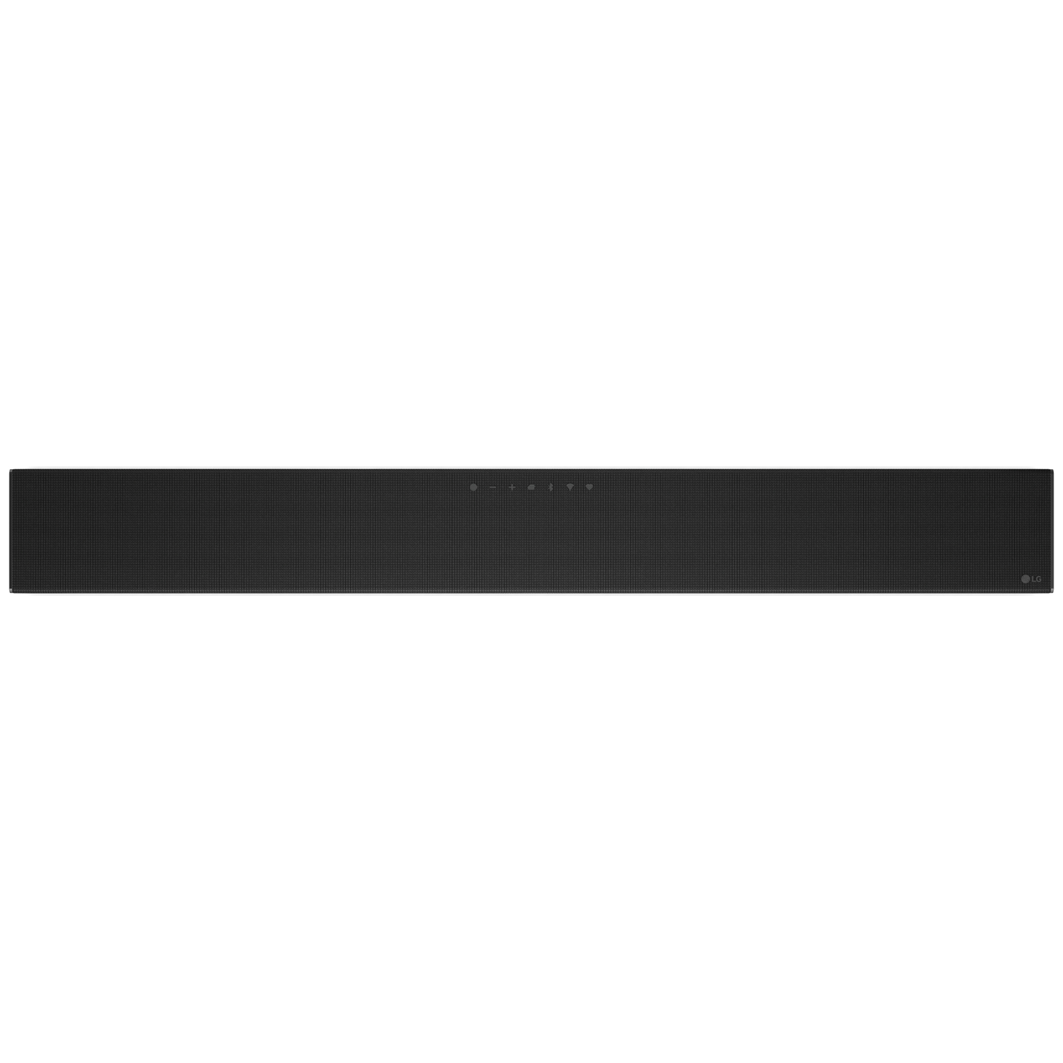 Black LG soundbar with control buttons and logo.