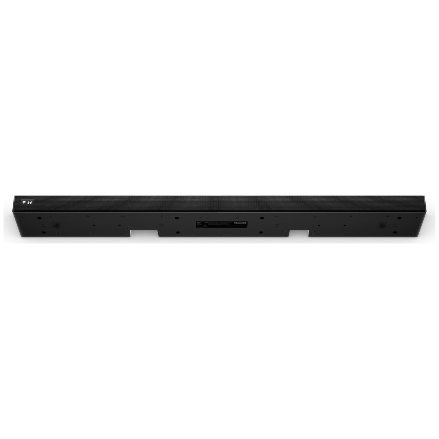 Black soundbar with Dolby Atmos logo and ports on the back.