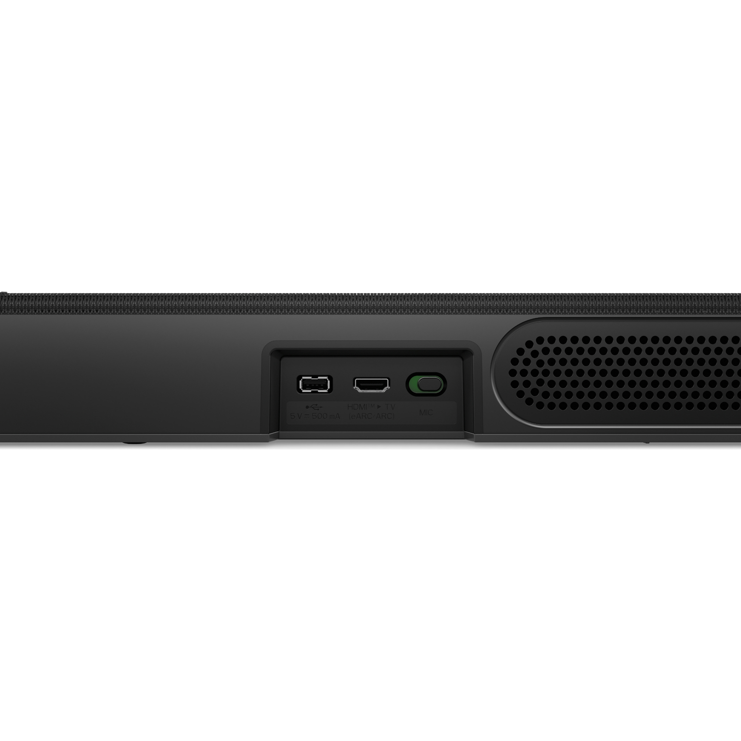 Back of a black soundbar showing USB, HDMI, and MIC ports.