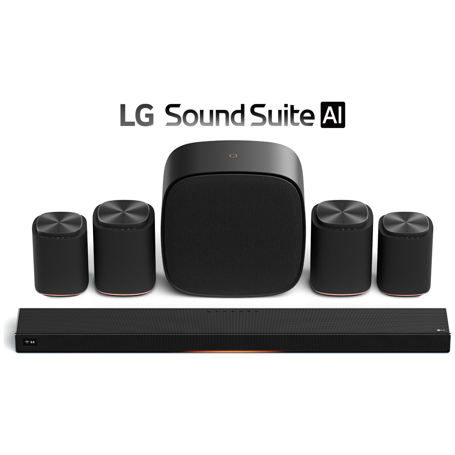 LG Sound Suite AI: Black speakers and soundbar on a white background.
