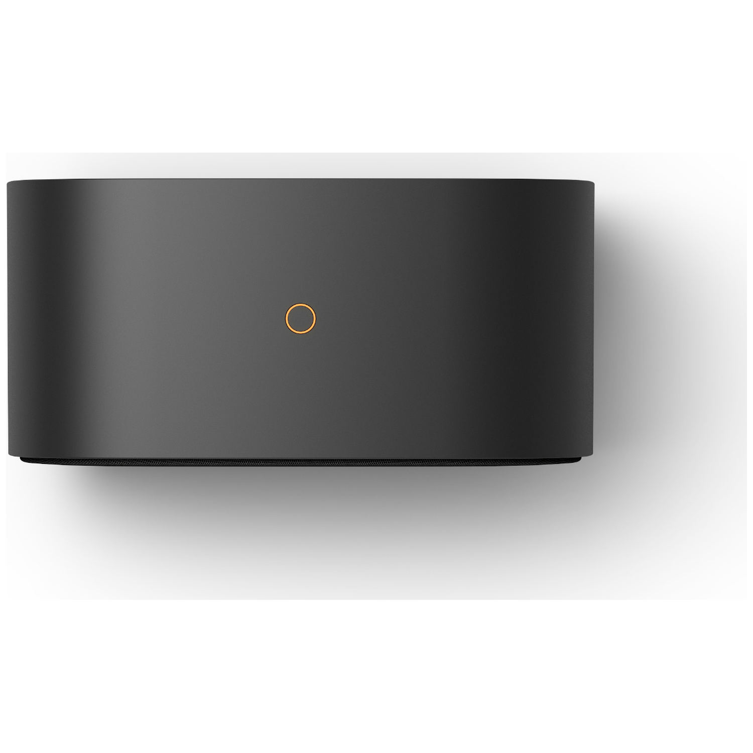Black rectangular speaker with rounded edges and an orange circle on top.