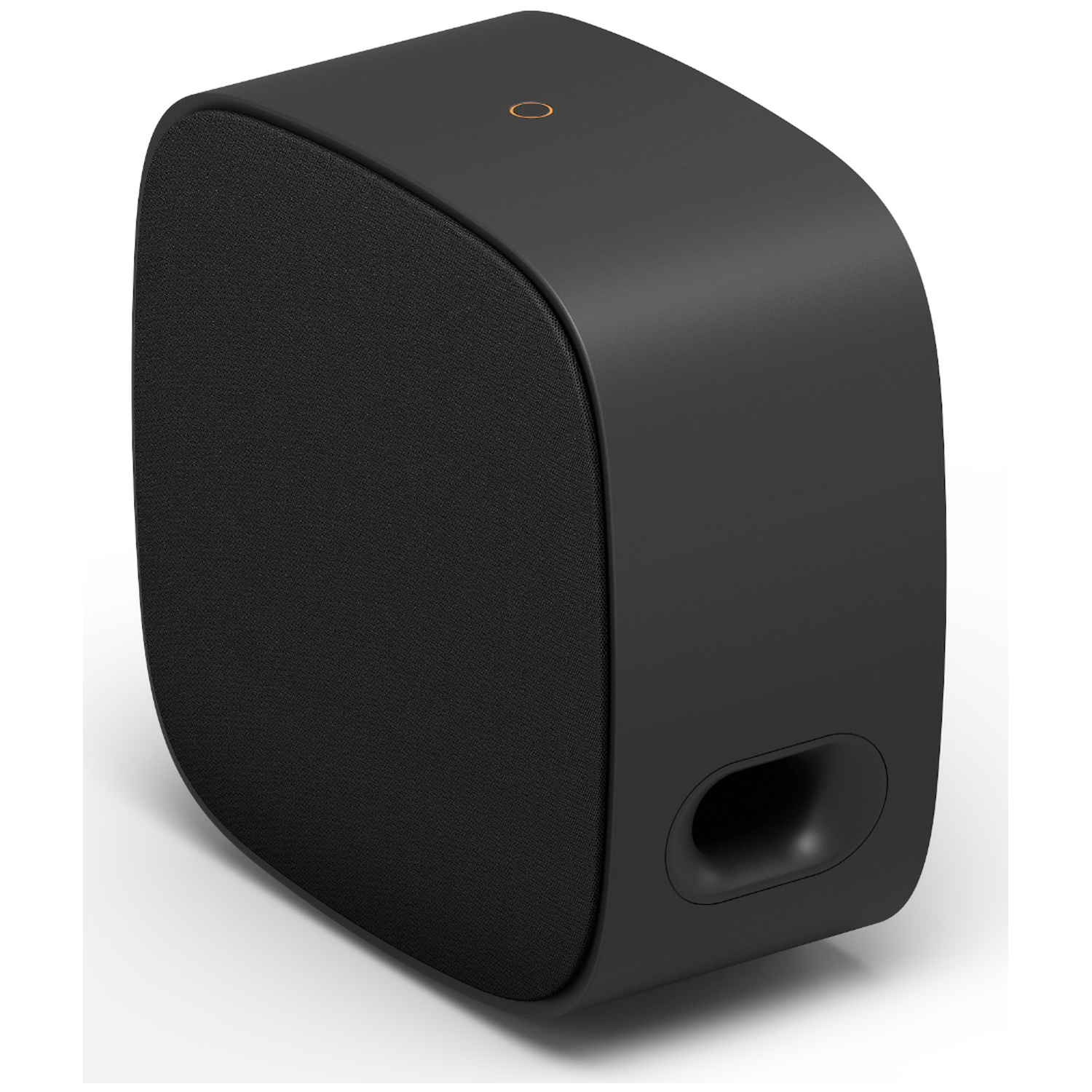 Black speaker with fabric front and bass reflex port. Ring on top.