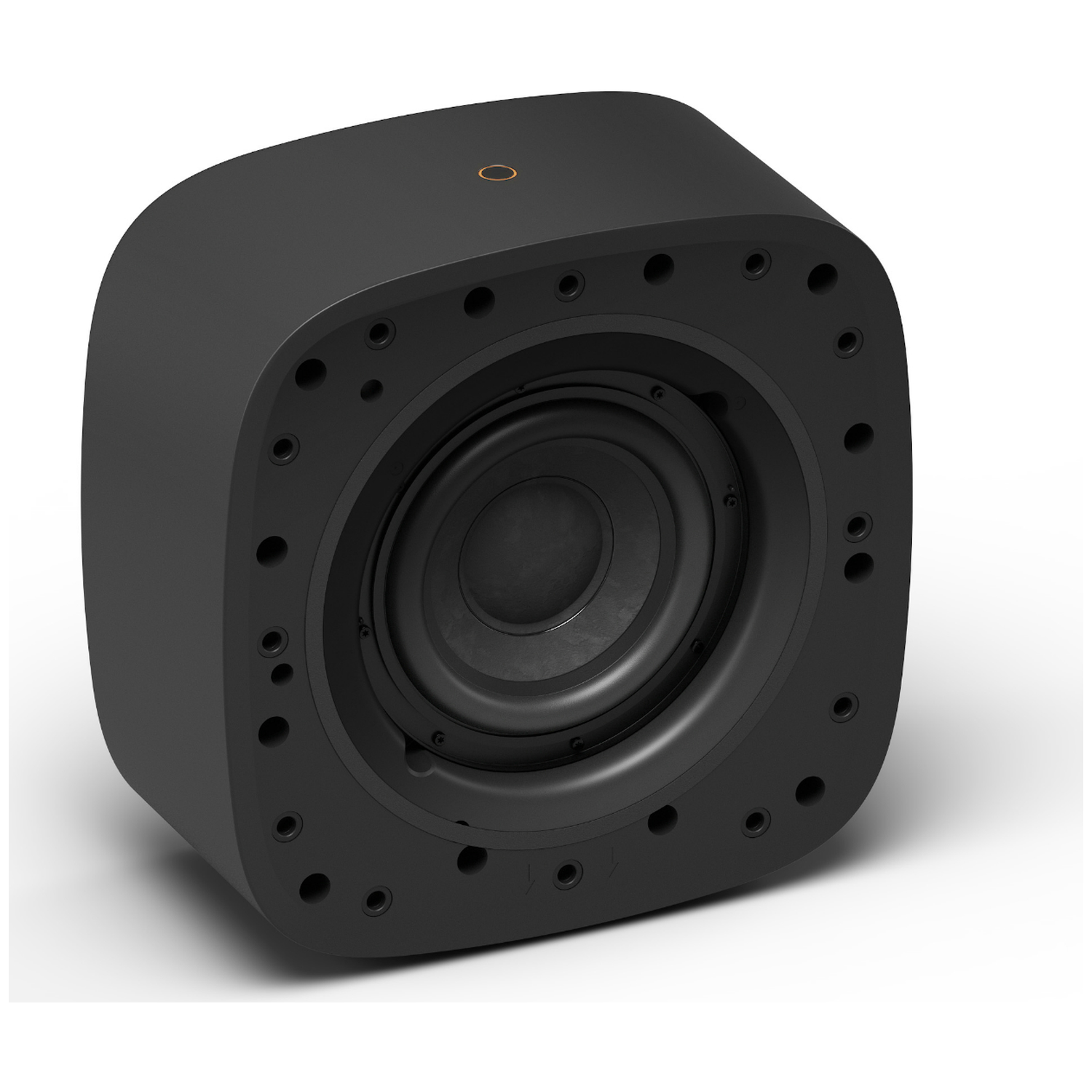 Black cube speaker with visible woofer and screw holes.