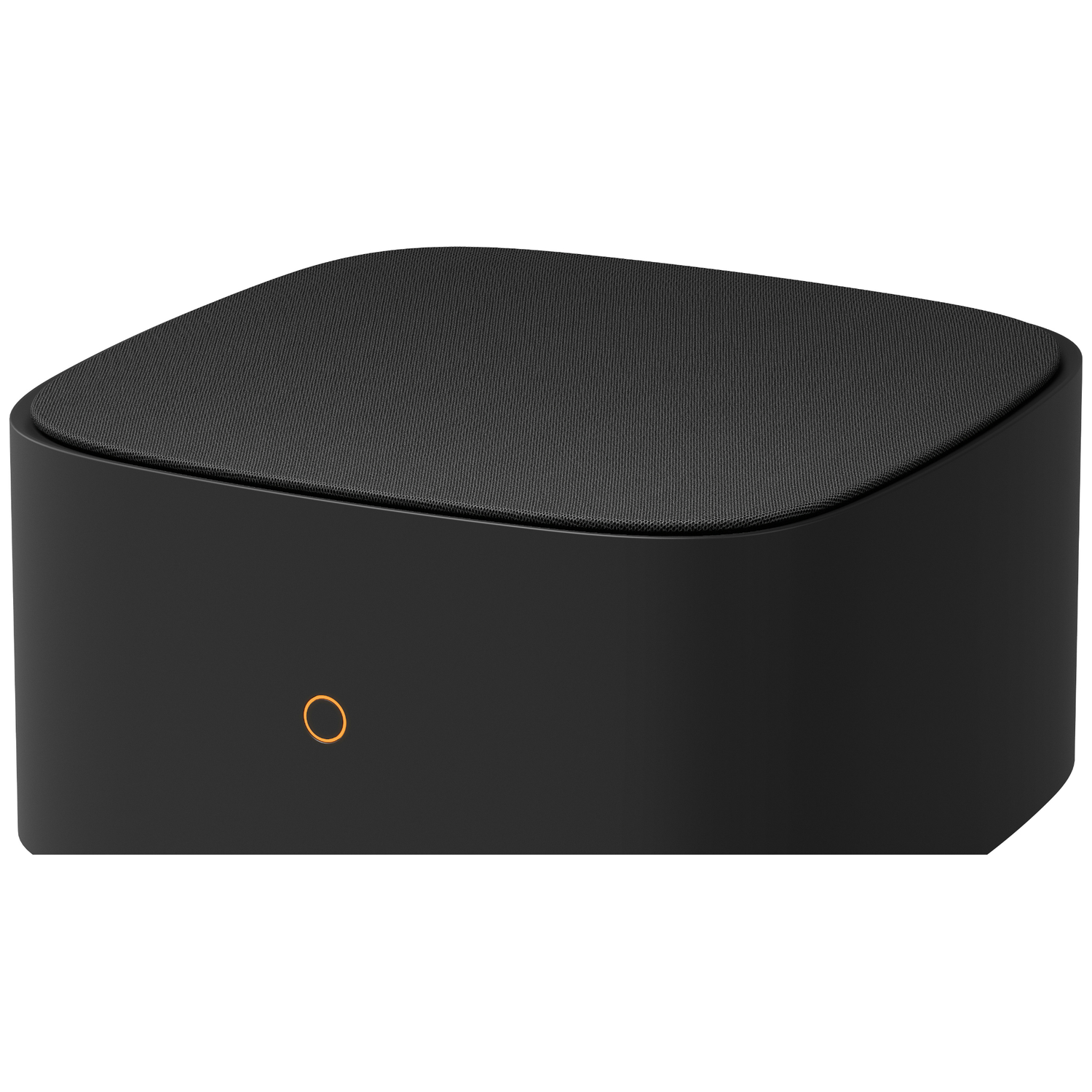 Black cube with rounded corners and an orange circle on the front.