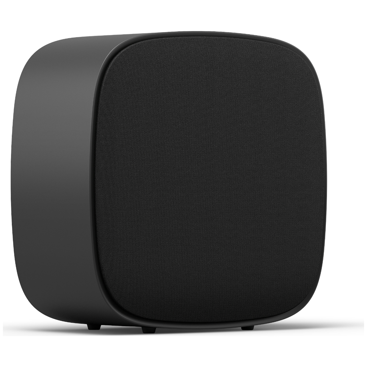 A black speaker with a fabric grill rests on a white background.