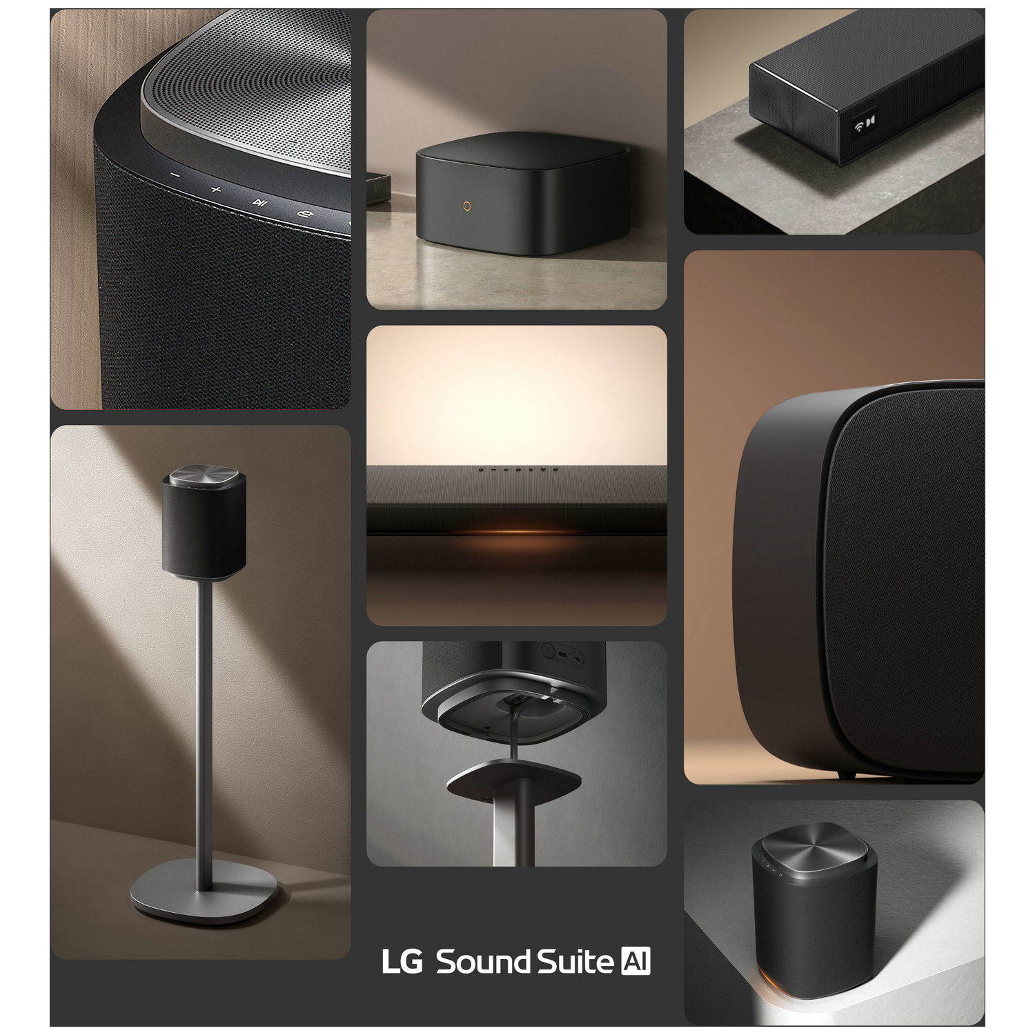 LG Sound Suite AI: Multiple black speakers and soundbars in various settings.