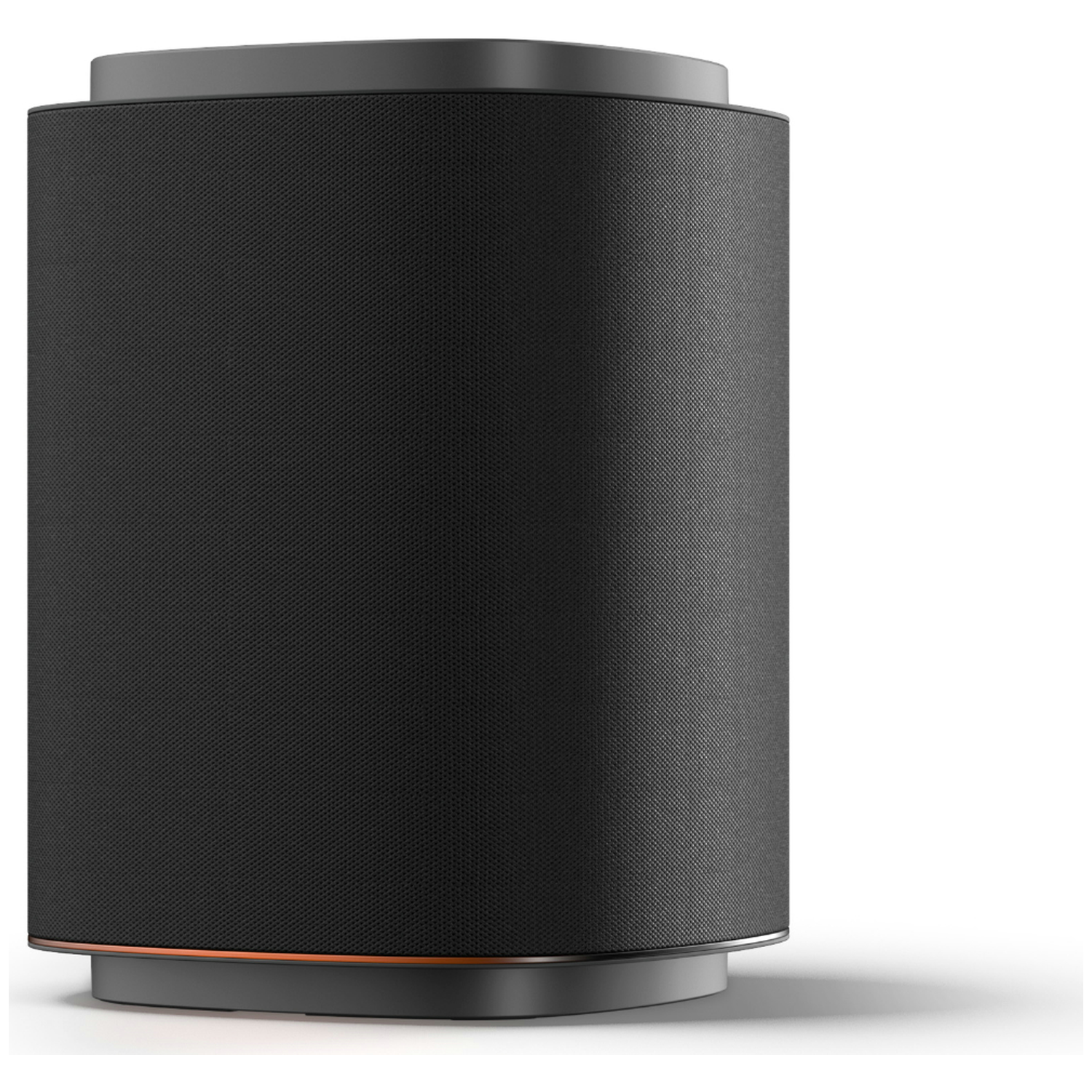 Black cylindrical speaker with a silver top and an orange accent band.