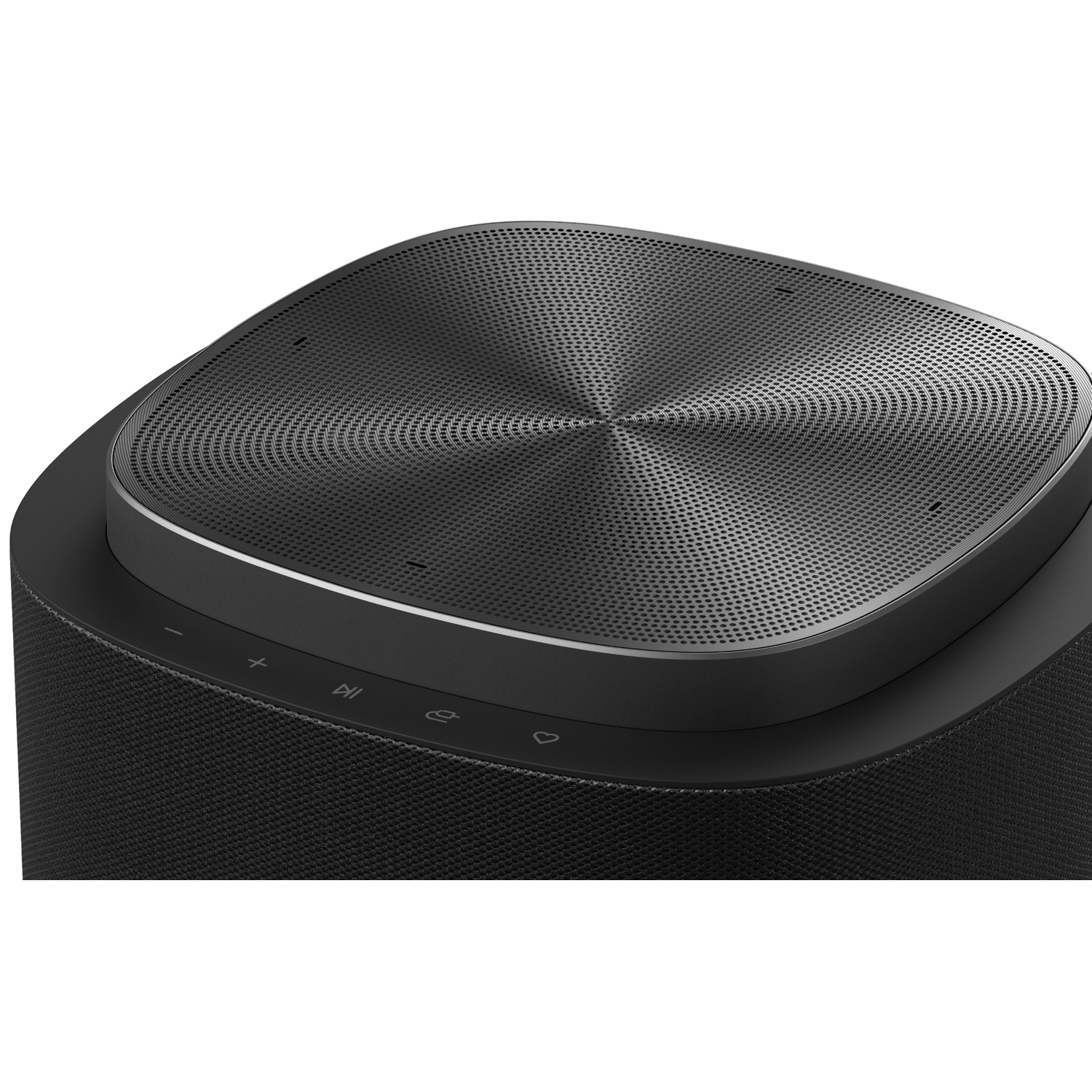 Black speaker with a perforated top and control buttons.