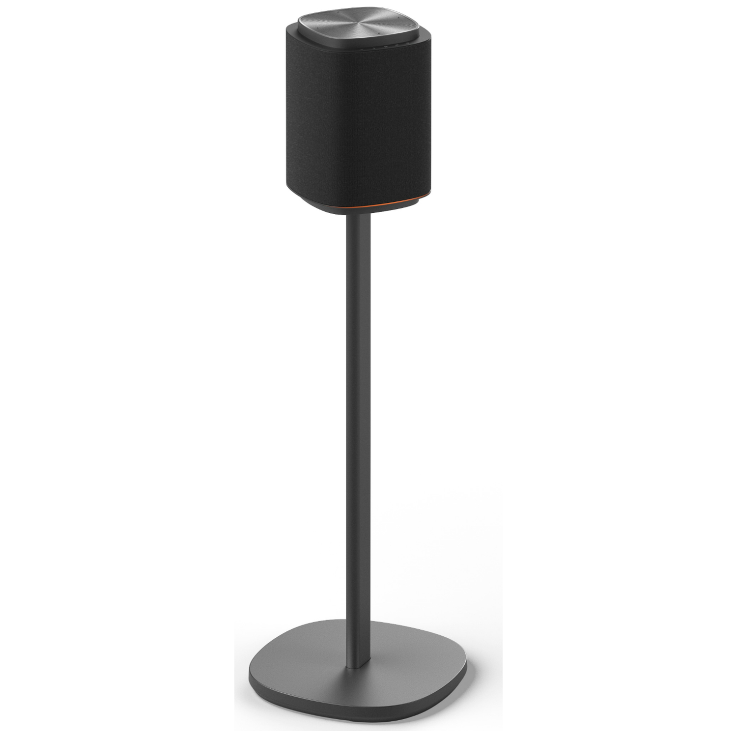 A black speaker sits atop a sleek, dark stand with a round base.