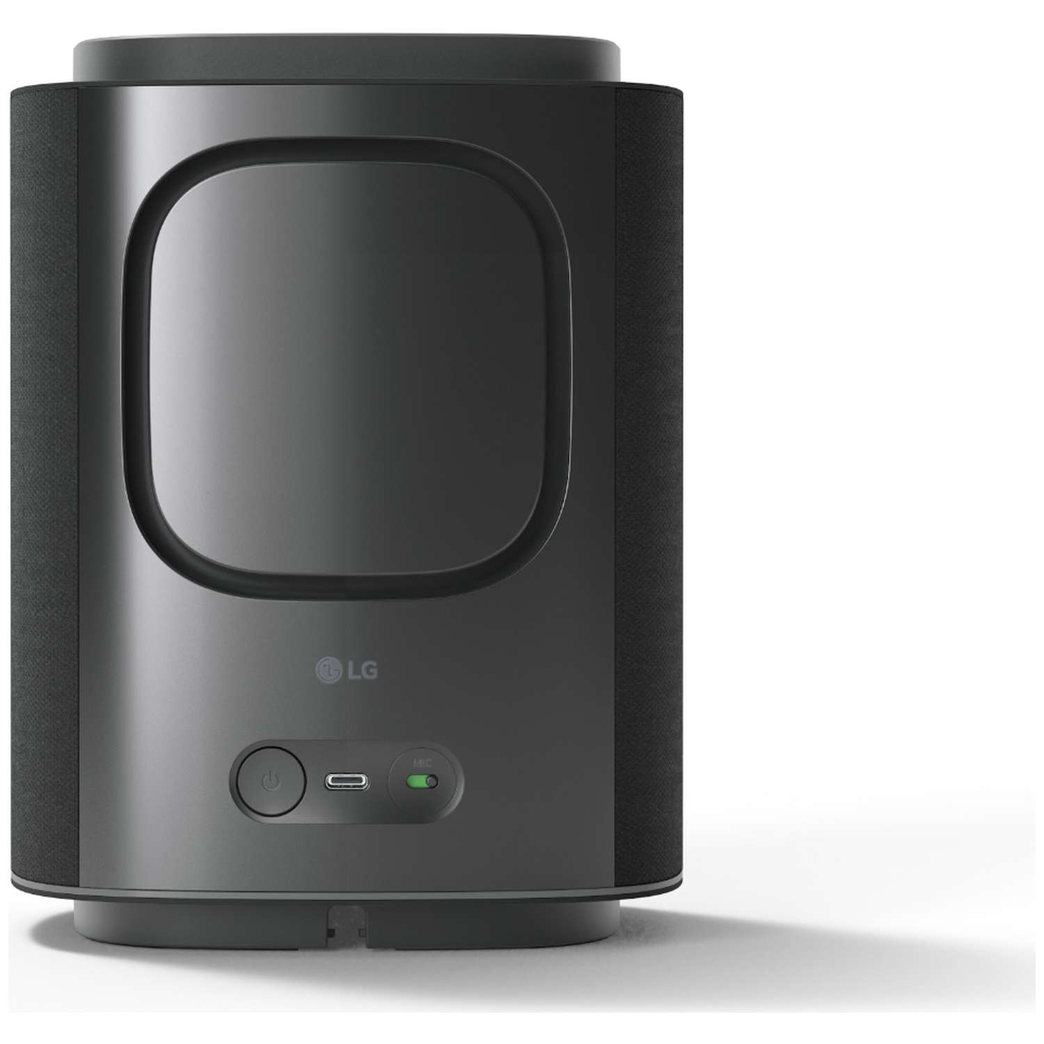 Black LG speaker with USB-C port and microphone LED indicator.