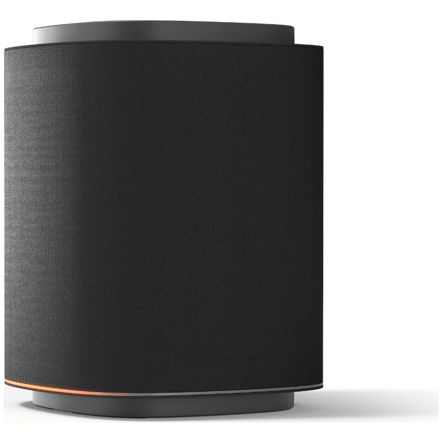 Black cylindrical speaker with orange lighting at the base.