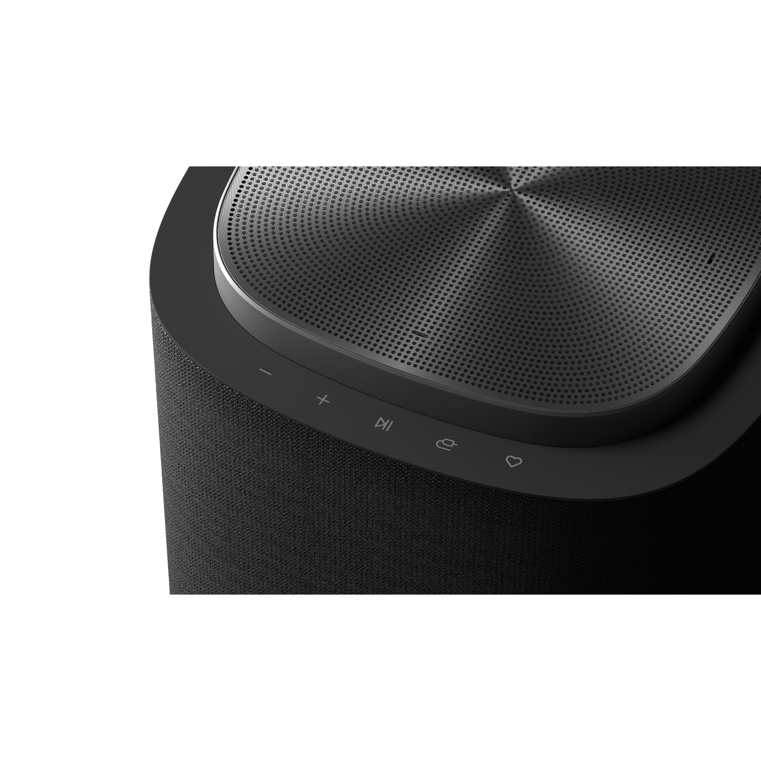 Close up of a black speaker with volume, play, and heart buttons.