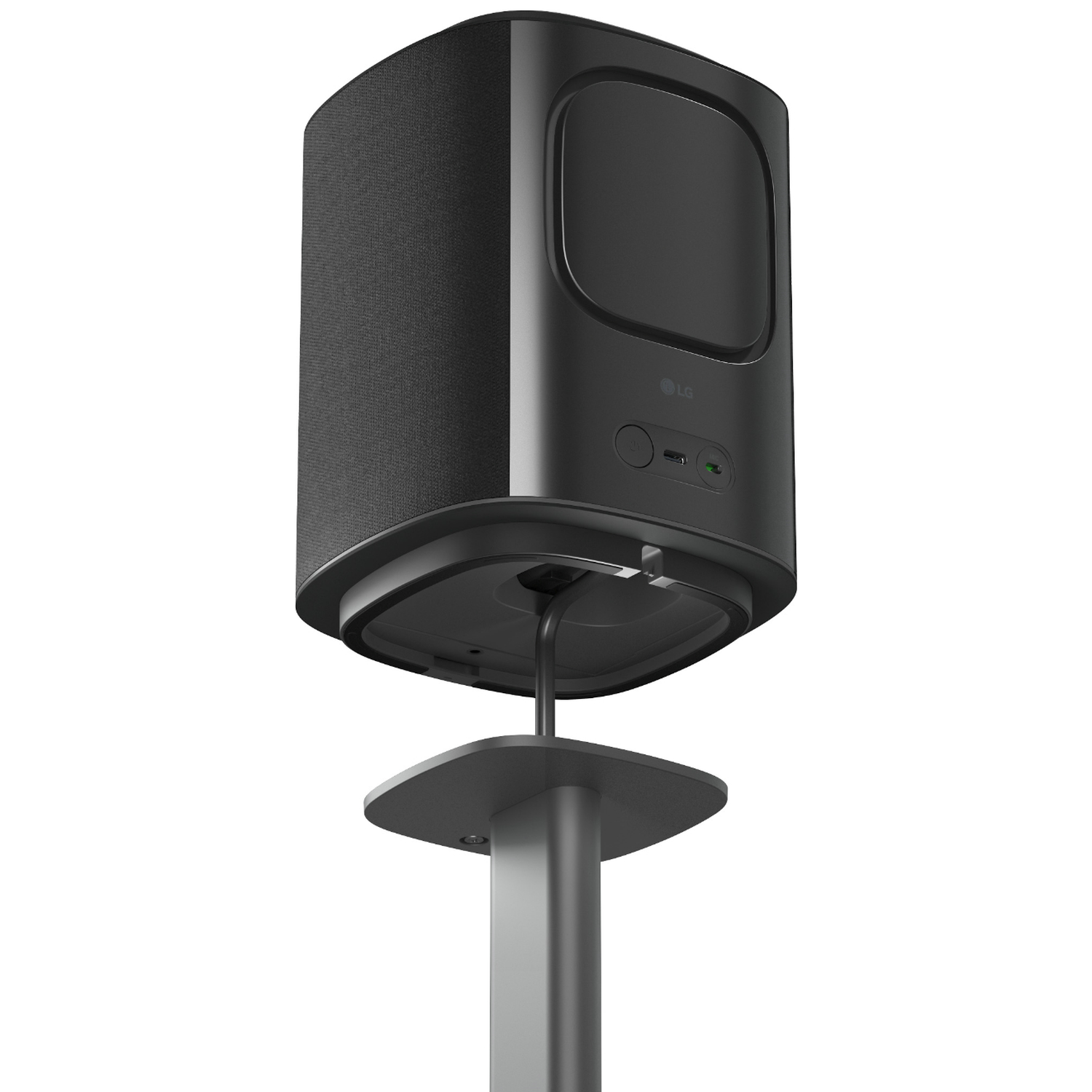 A black LG speaker mounted on a gray stand, with a cable connection.