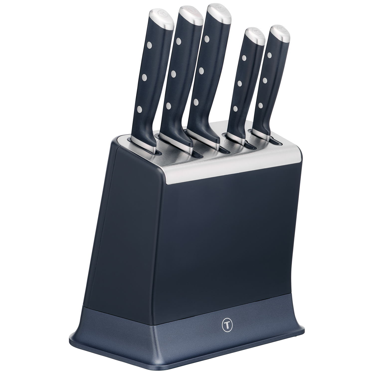 A dark knife block holding five knives with black handles and silver tops.