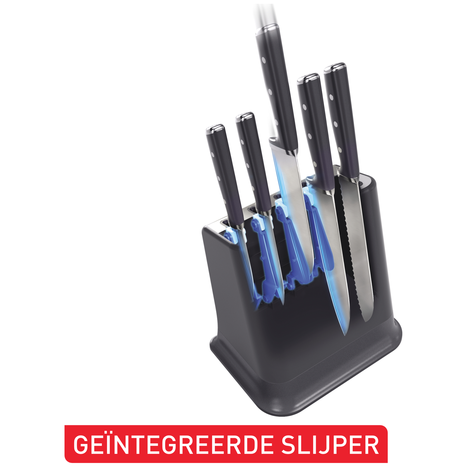 Knife block with integrated sharpener. Knives with black handles.