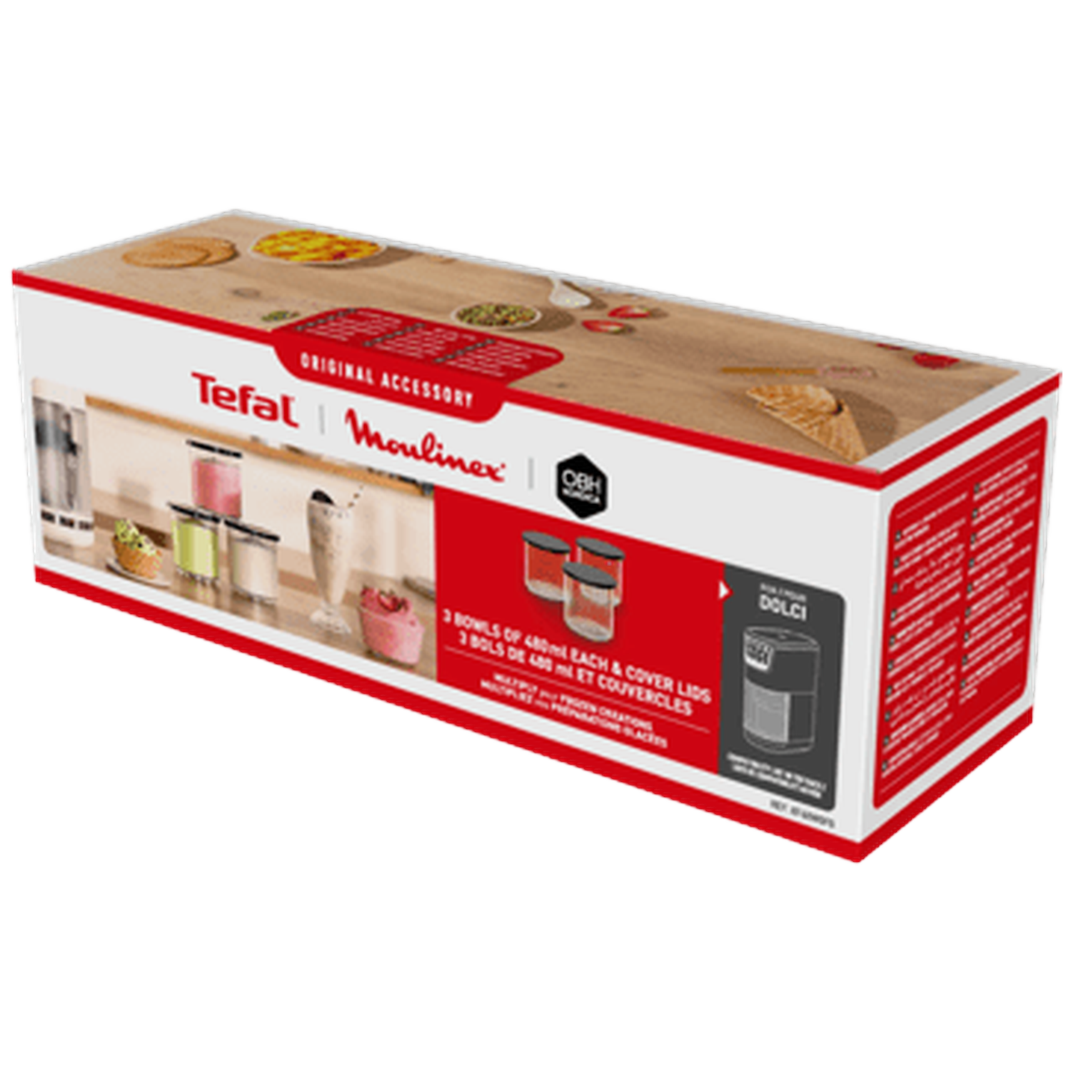 Tefal Moulinex accessory box with bowls and ice cream ingredients shown.