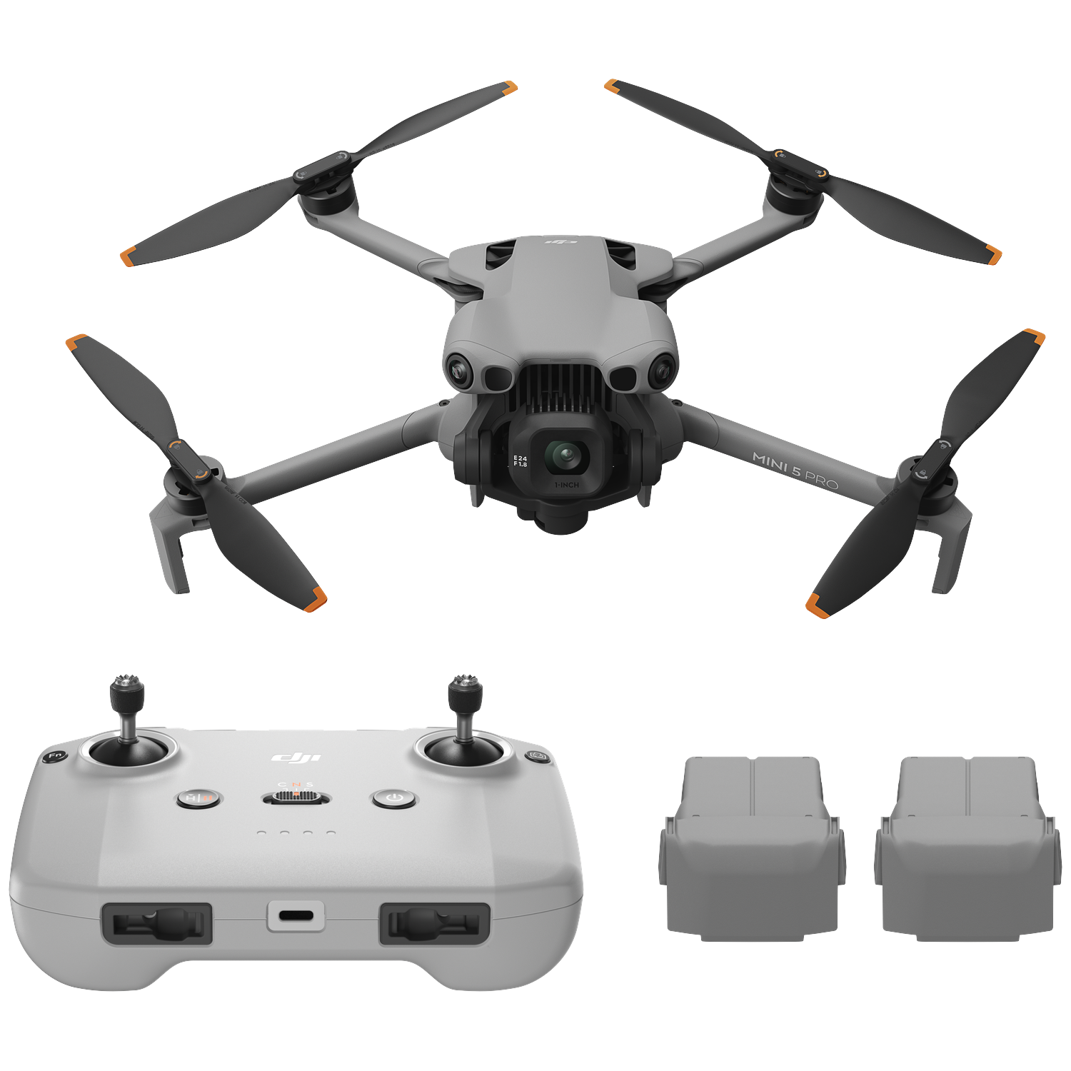 Grijze DJI Mini 3 Pro dronekit met afstandsbediening en twee accu's.