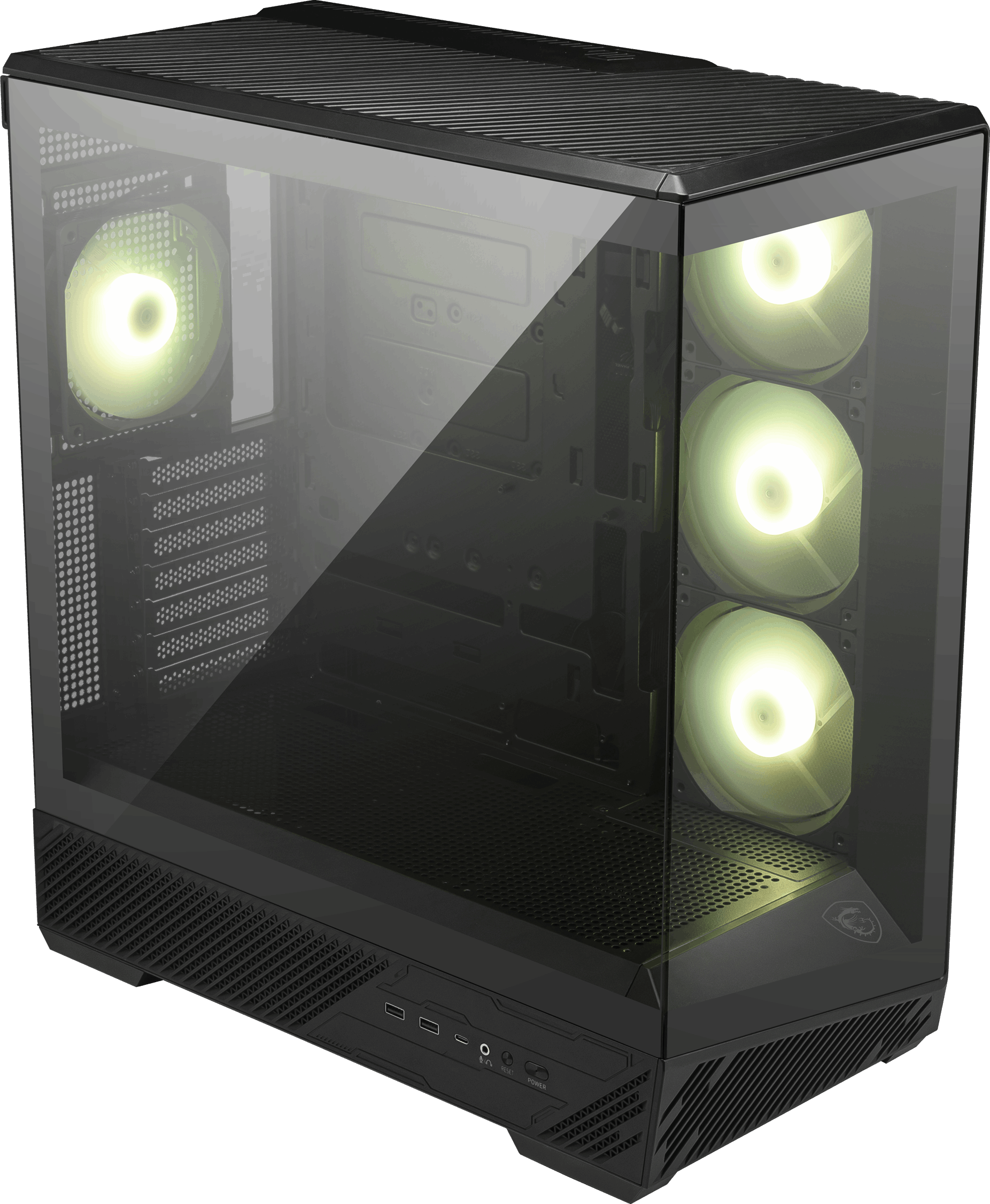 Cam önlü ve aydınlatmalı fanlı siyah PC kasası.