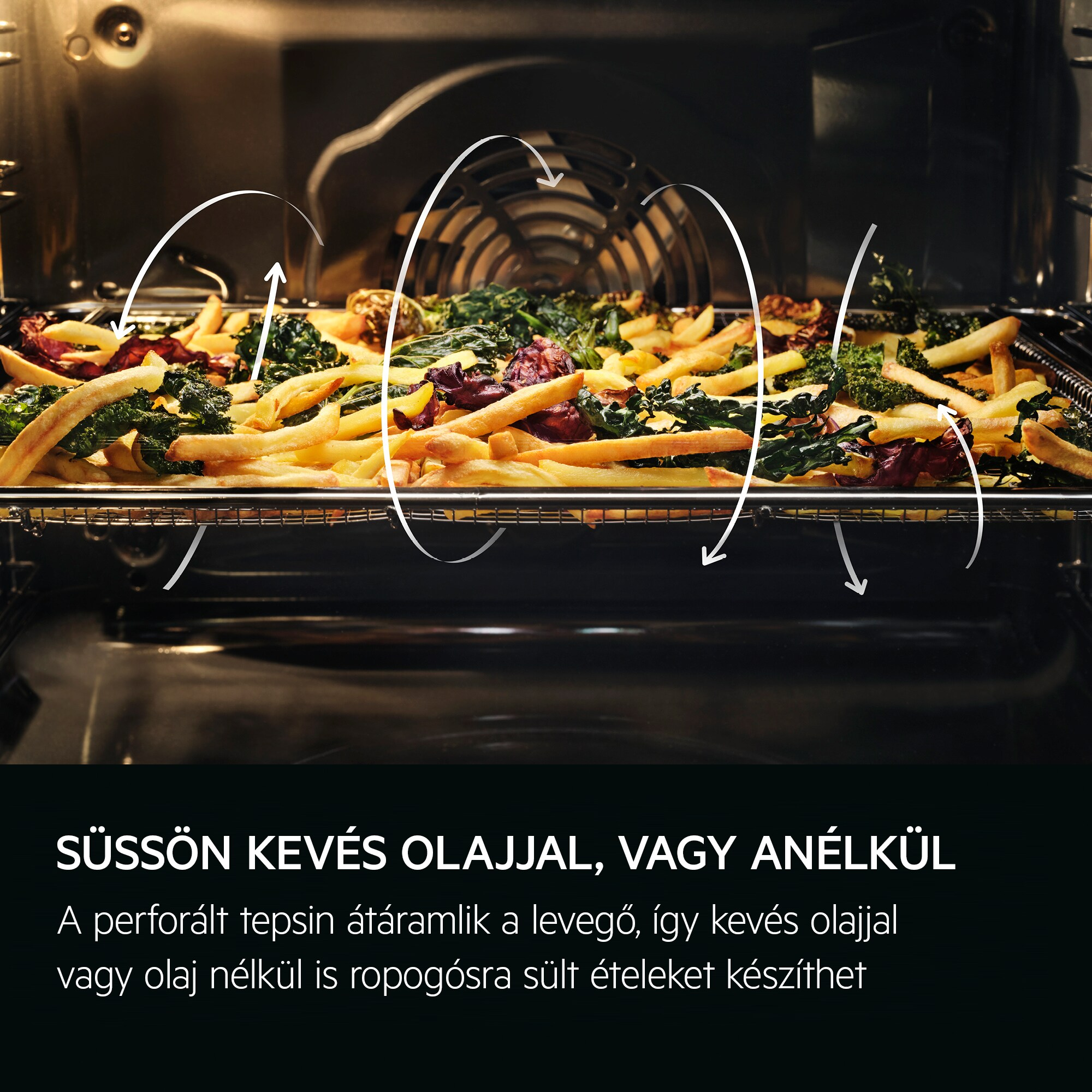 Hasábburgonya és kelkáposzta egy sütőlapon, légkeringési nyilakkal egy sütőben.