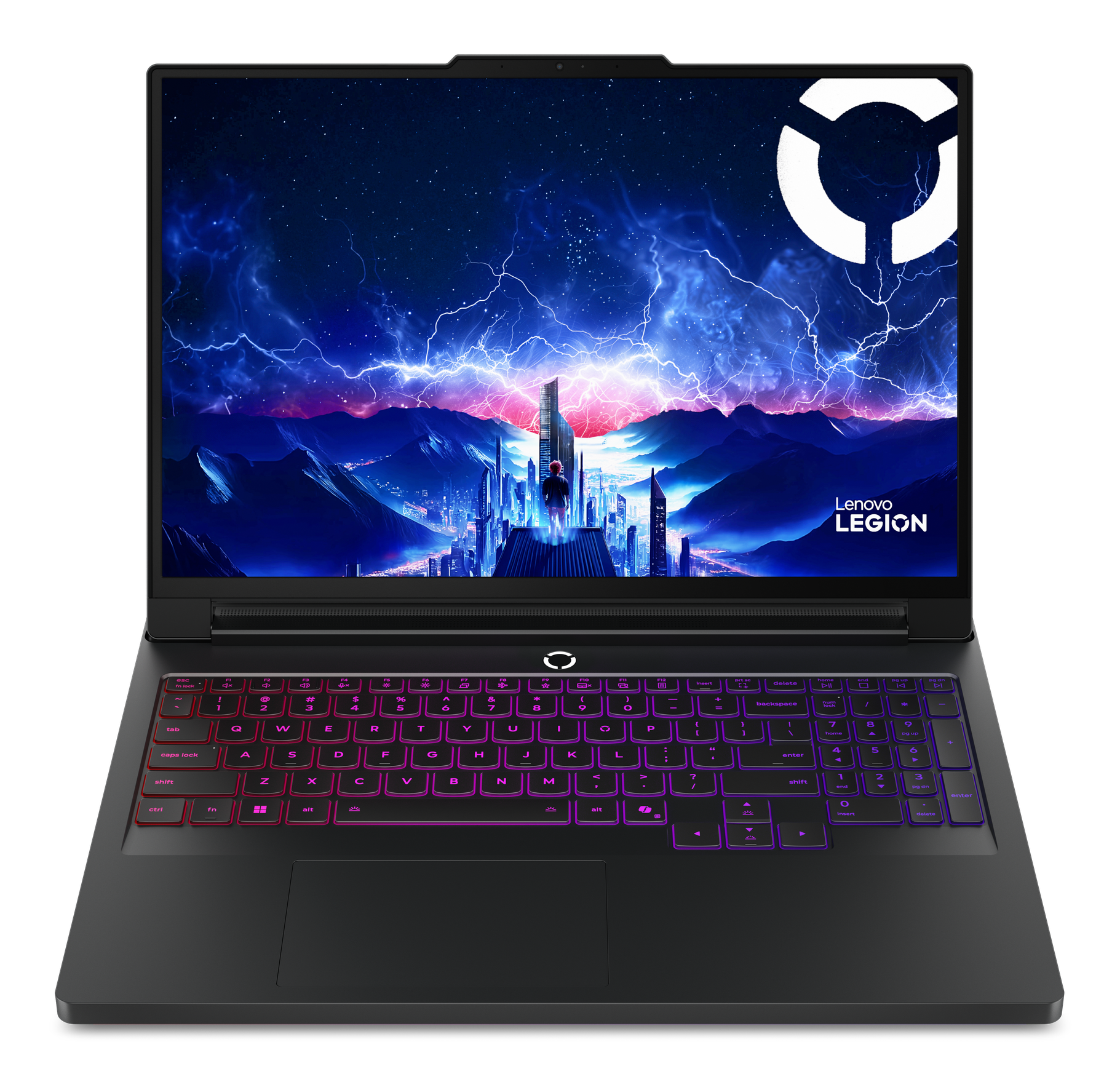 Laptop z podświetlaną klawiaturą, z futurystyczną sceną na ekranie.