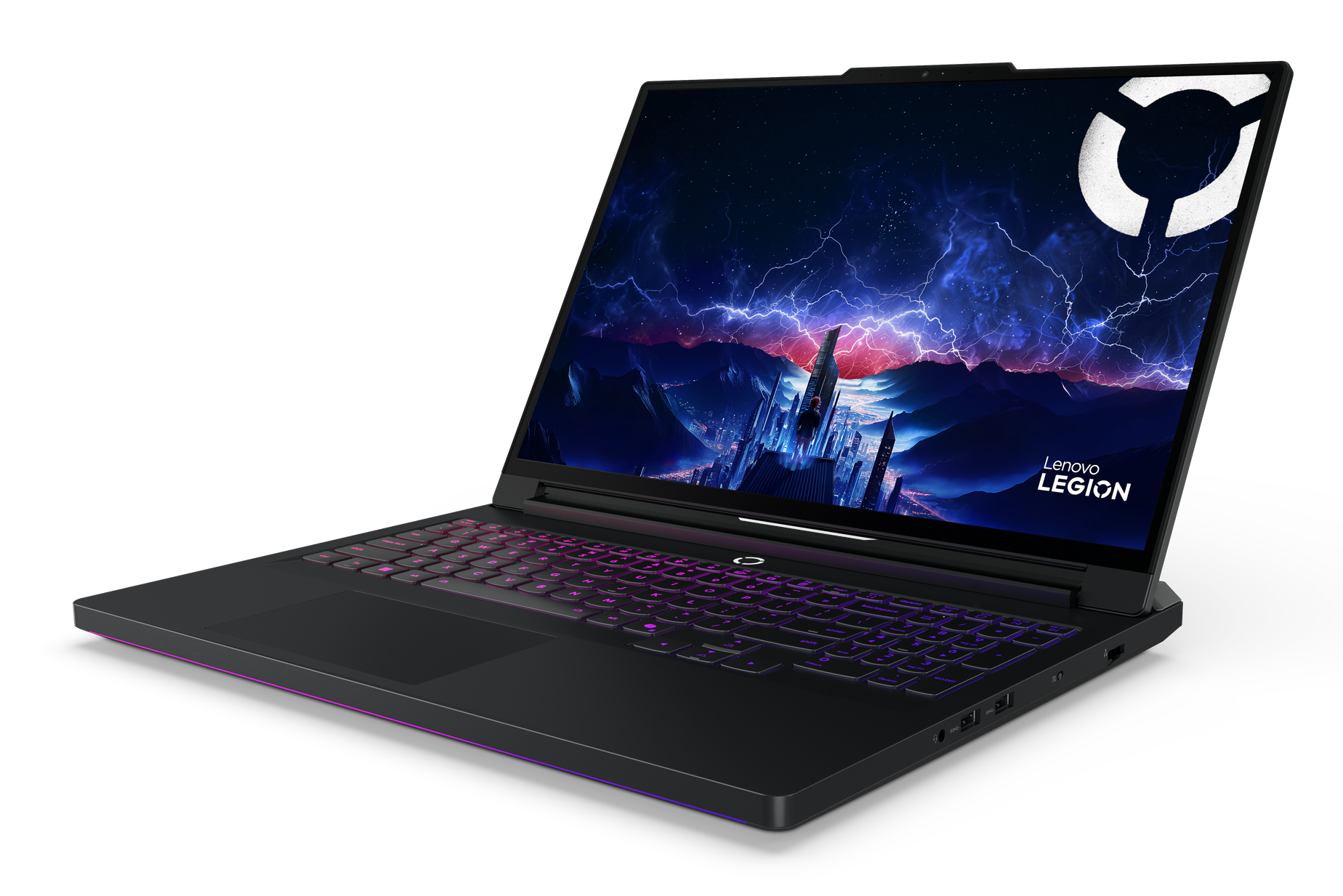 Czarny laptop z podświetlaną klawiaturą i futurystyczną tapetą.