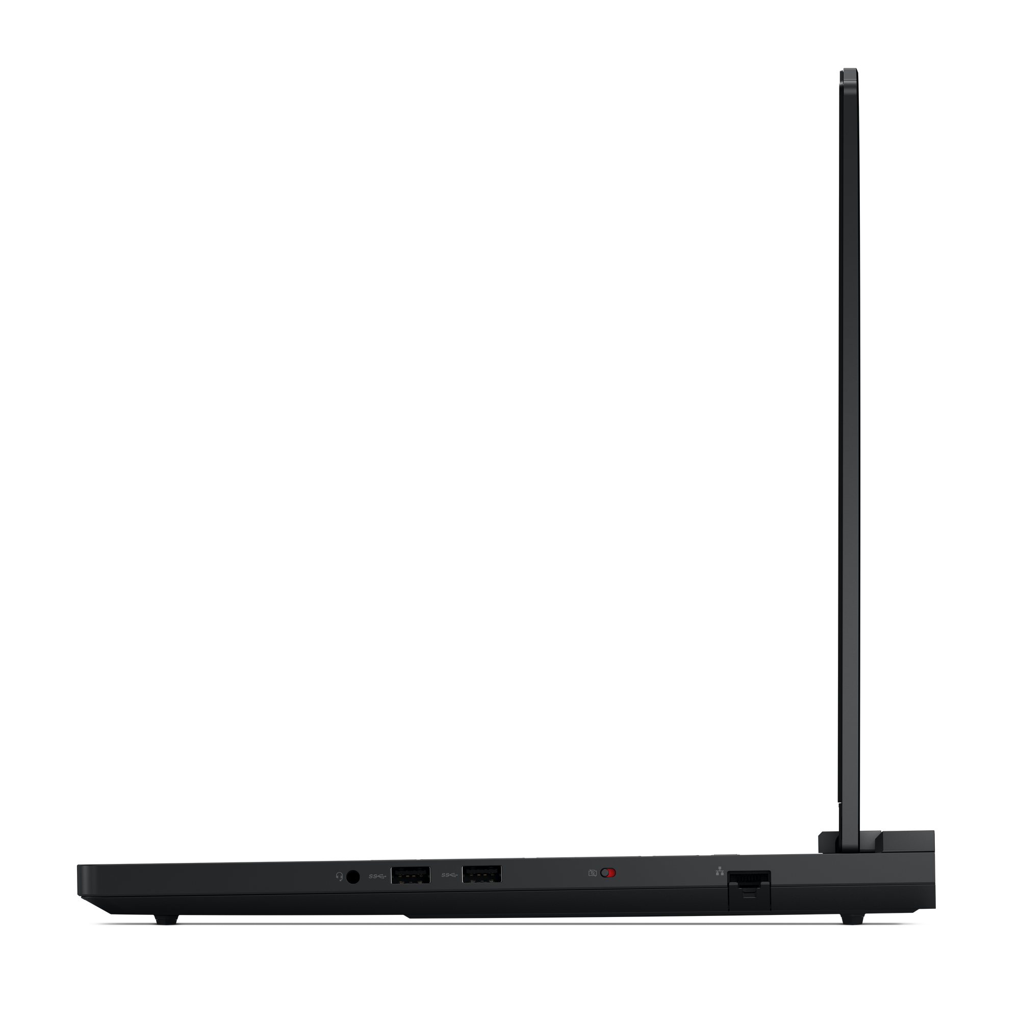 Czarny laptop w profilu, pokazujący porty i otwarty ekran.