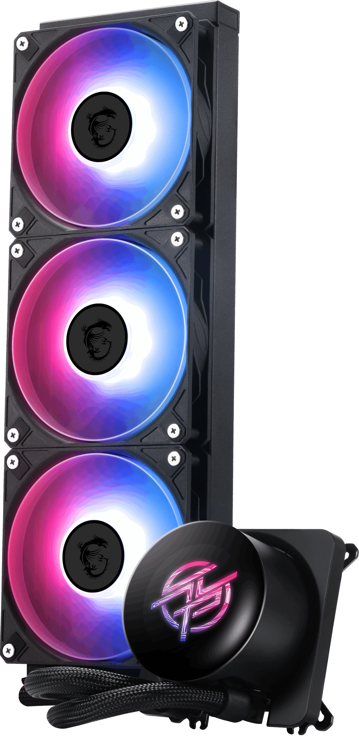 Üç RGB fanlı ve yuvarlak pompa ünitesine sahip siyah CPU soğutucu.