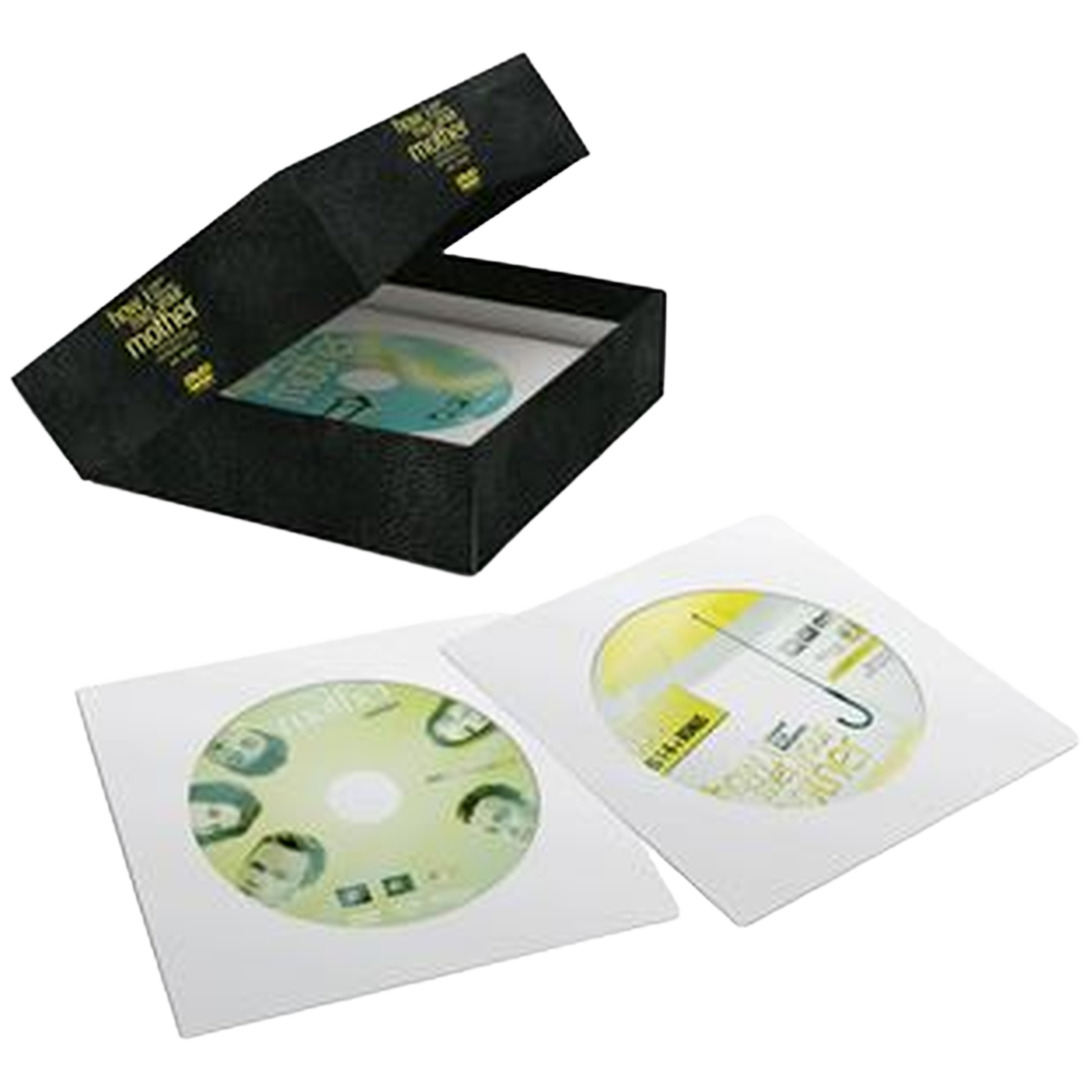 Boîte DVD avec couvercle ouvert, trois DVD et texte "How I Met Your Mother".