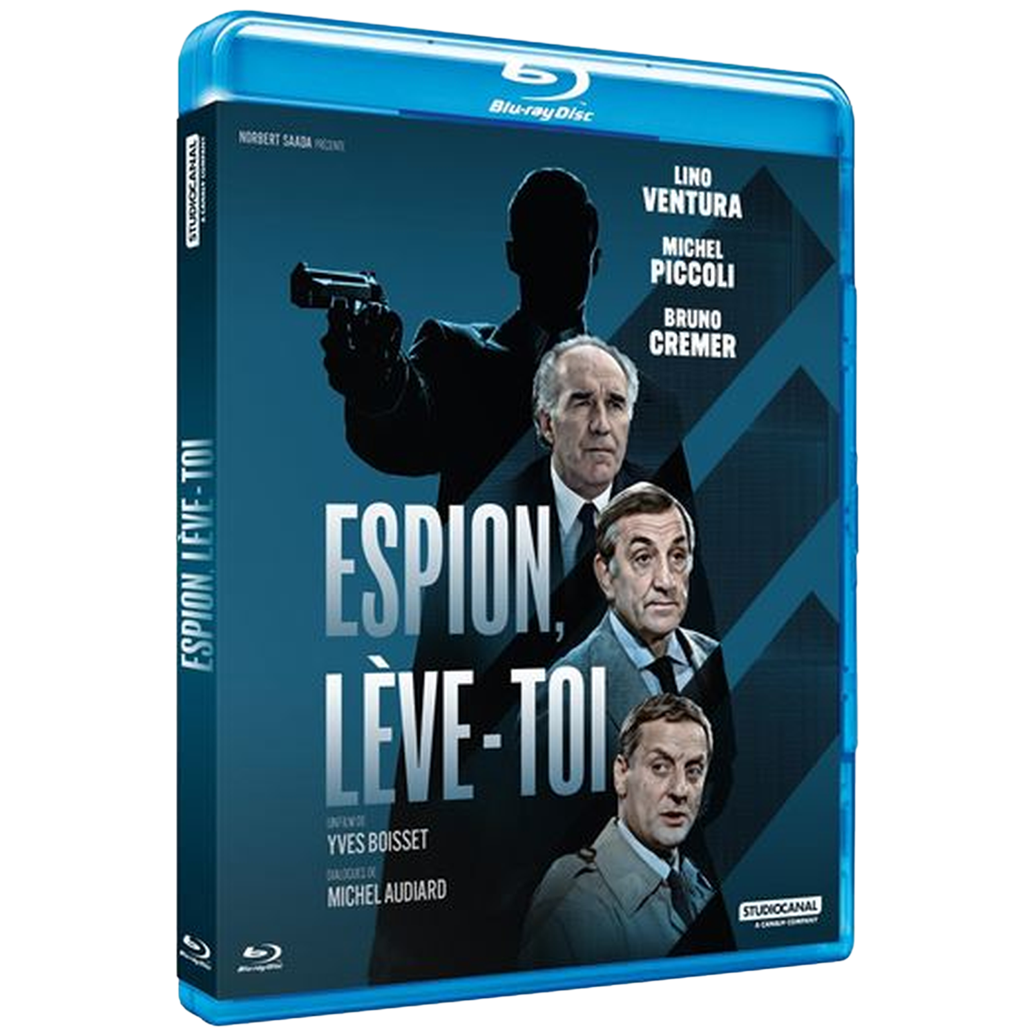 Boîtier Blu-ray : Espion, Lève-toi avec trois hommes et un homme tenant un pistolet.