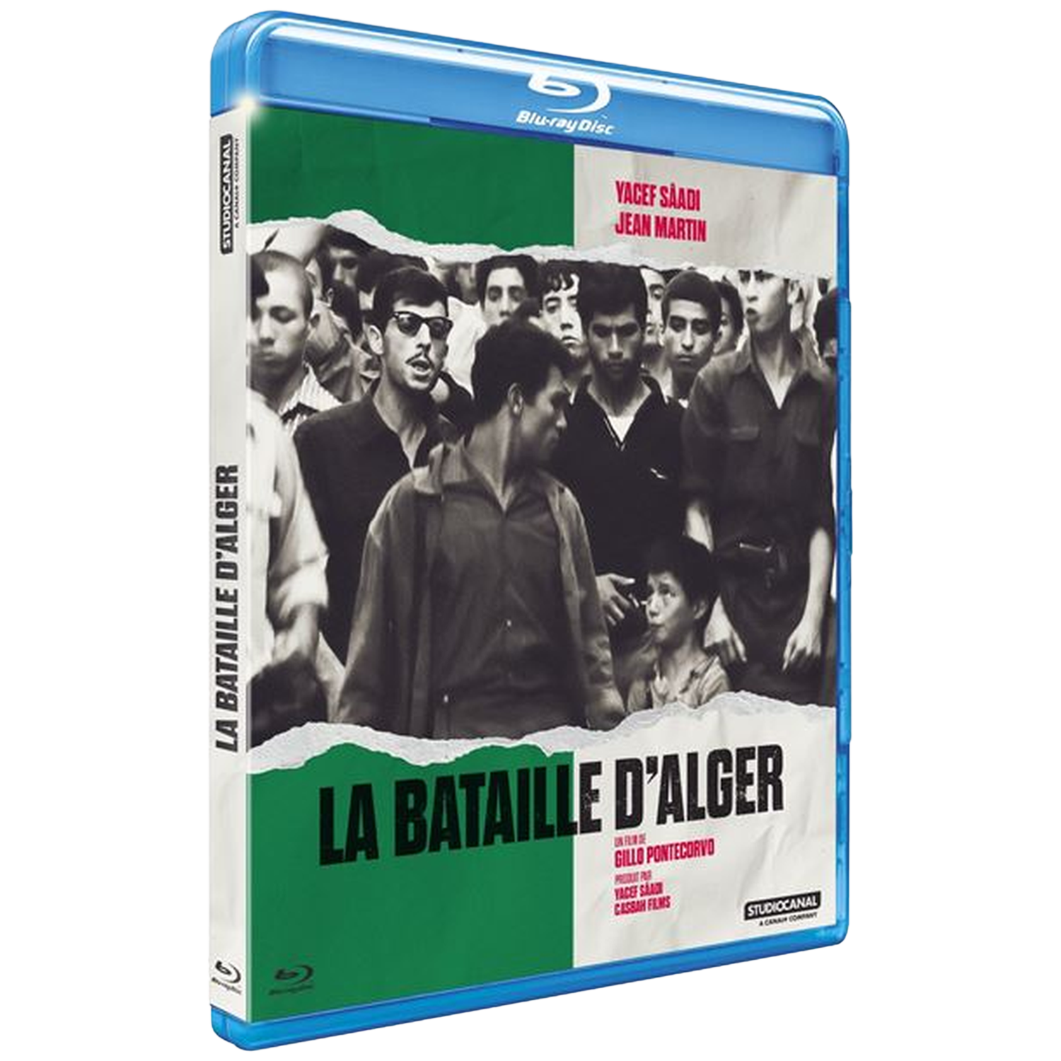 Blu-ray cover voor 'De Slag om Algiers' met zwart-wit afbeelding van een menigte.