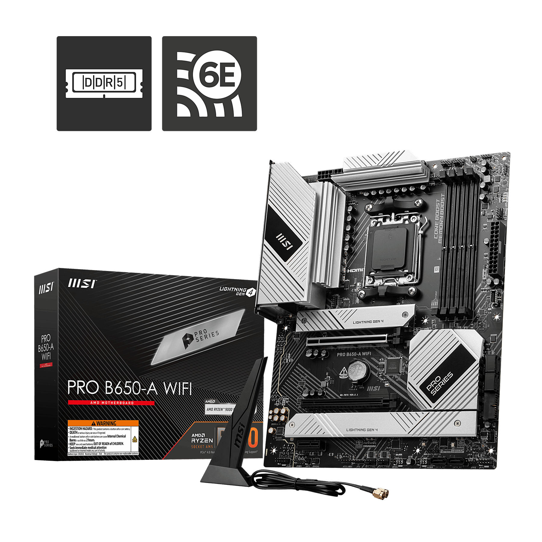 MSI B650-A WIFI anakart ve DDR5, 6E simgeli kutusu.