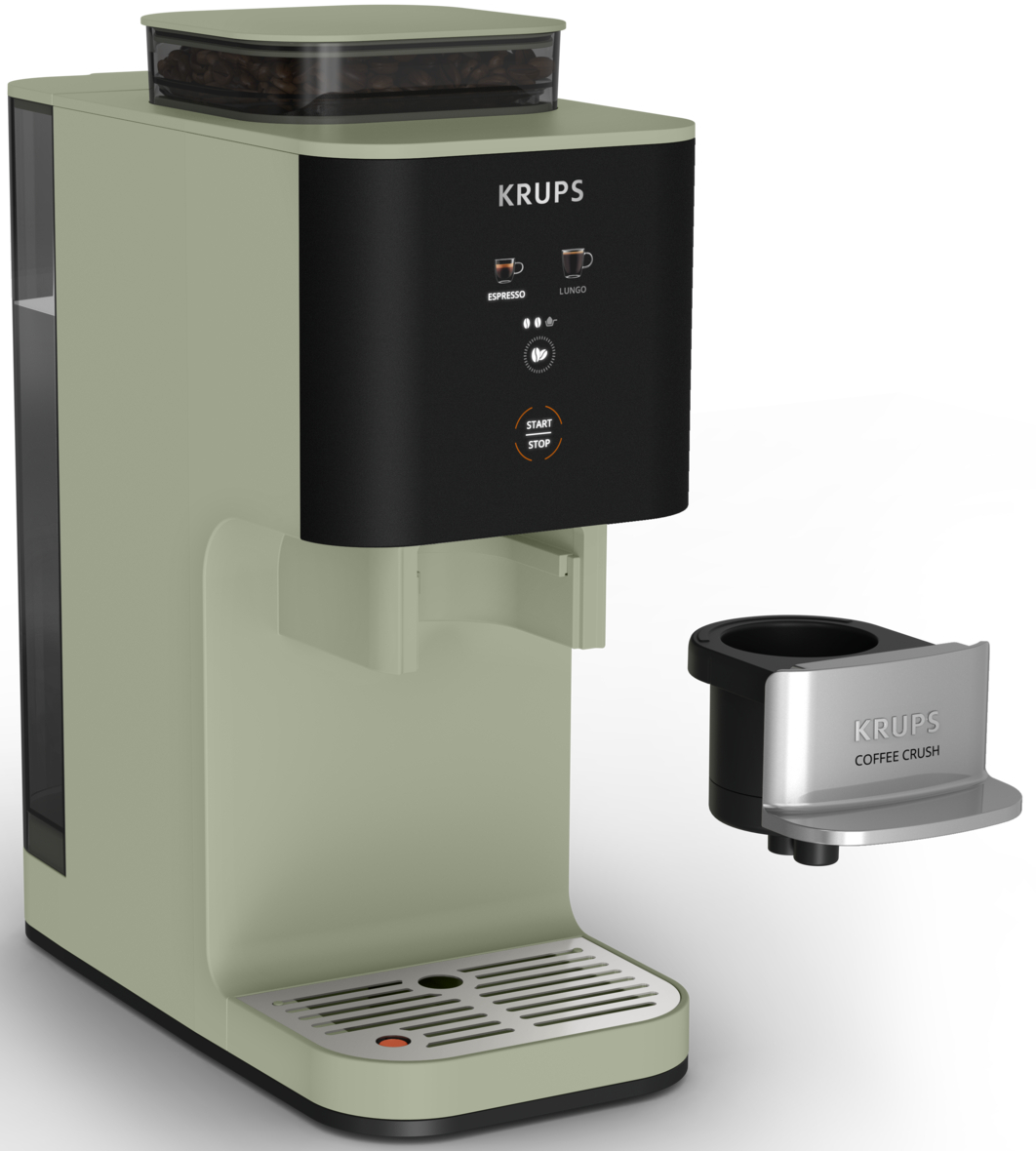 Eine hellgrüne Krups Kaffeemaschine mit schwarzem Bedienfeld und Bohnenbehälter.