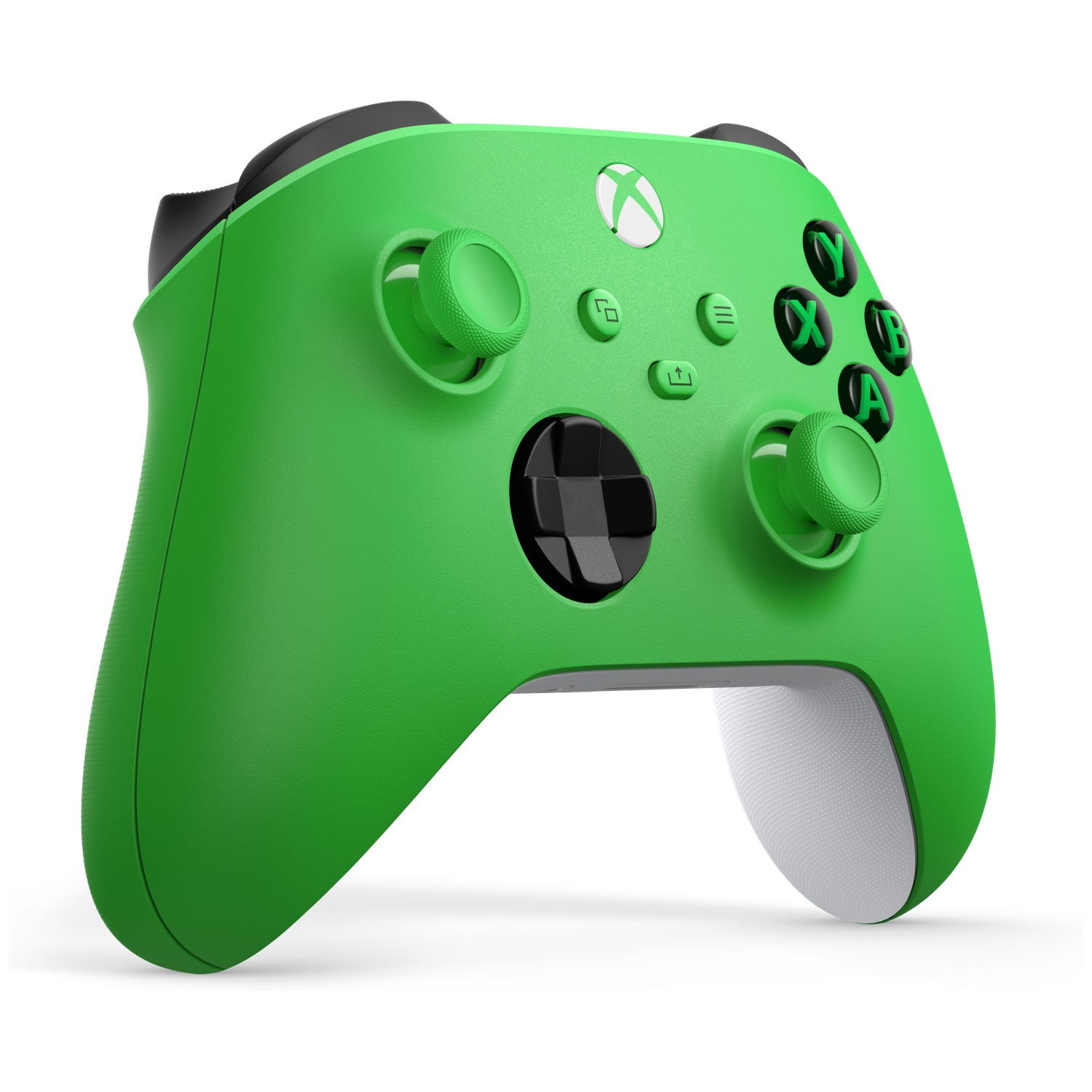Une manette Xbox verte avec des accents noirs et un dessous blanc.