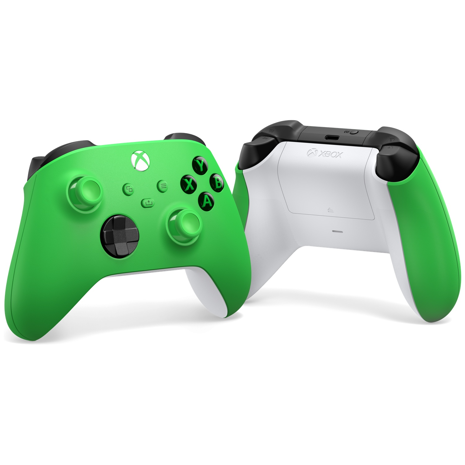 Deux manettes Xbox vertes côte à côte, vues avant et arrière.