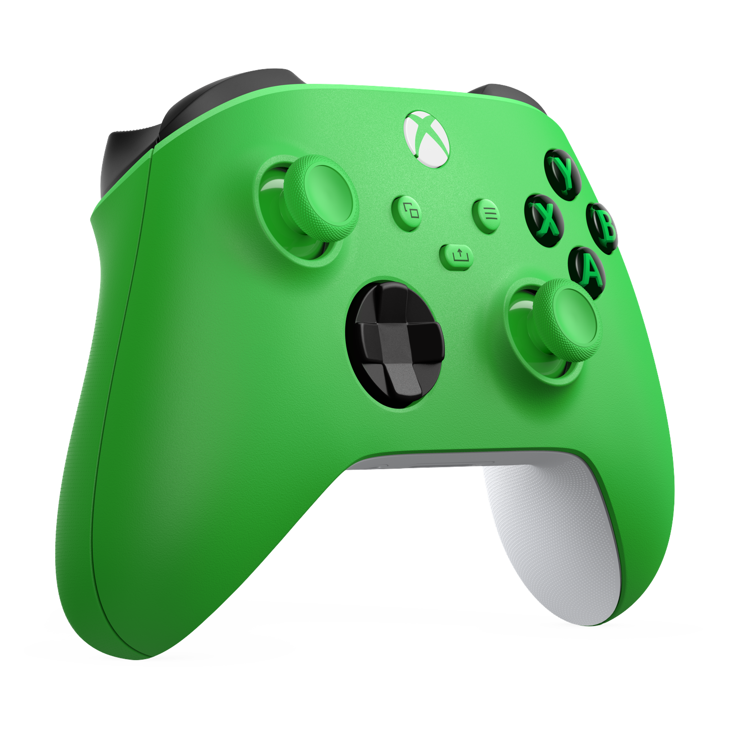 A bright green Xbox controller with black accents on a black background.