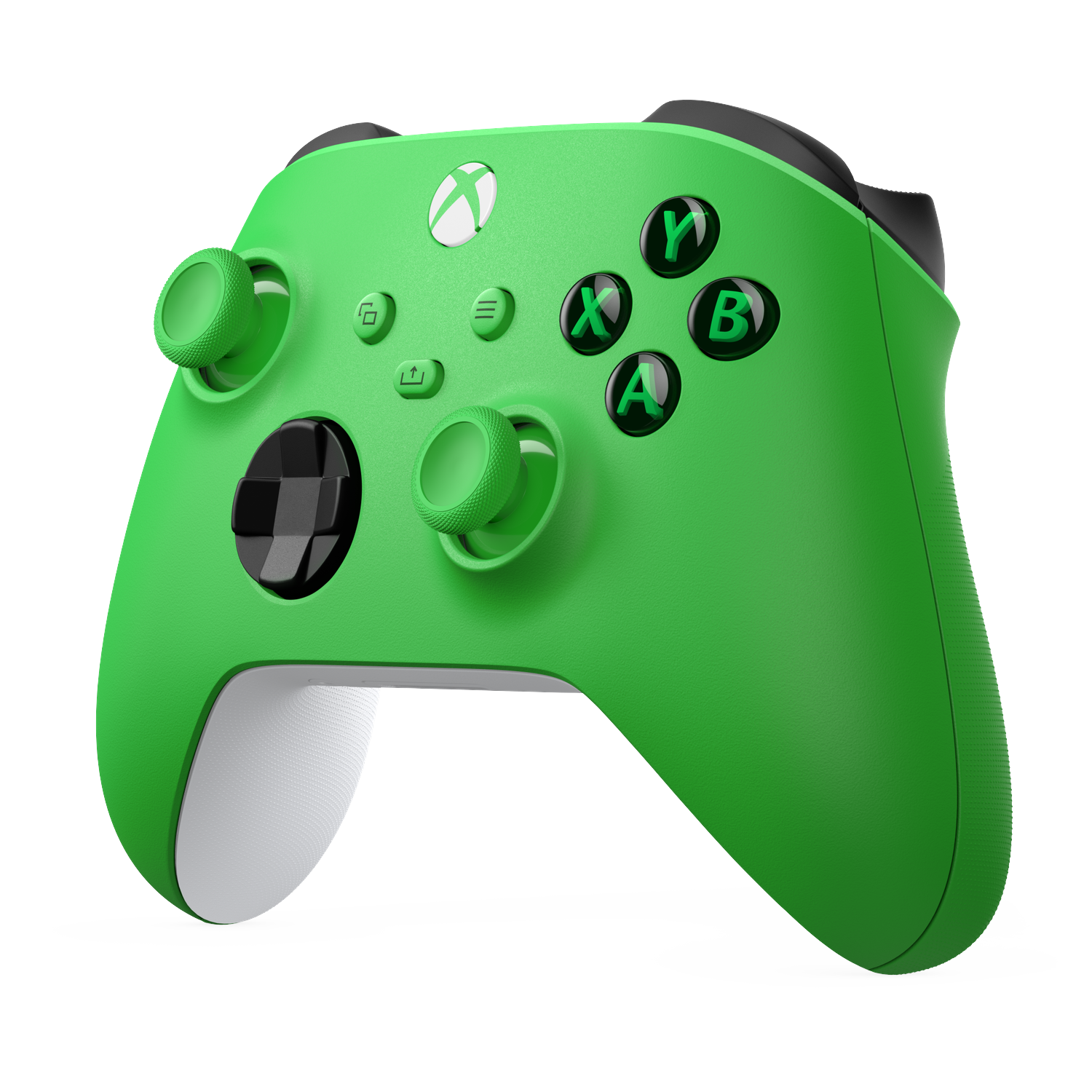 A bright green Xbox controller with white accents, isolated on a black background.