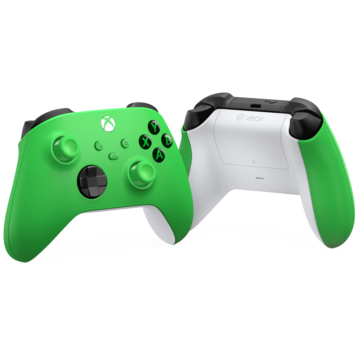 Two green and white Xbox controllers side-by-side on a black background.