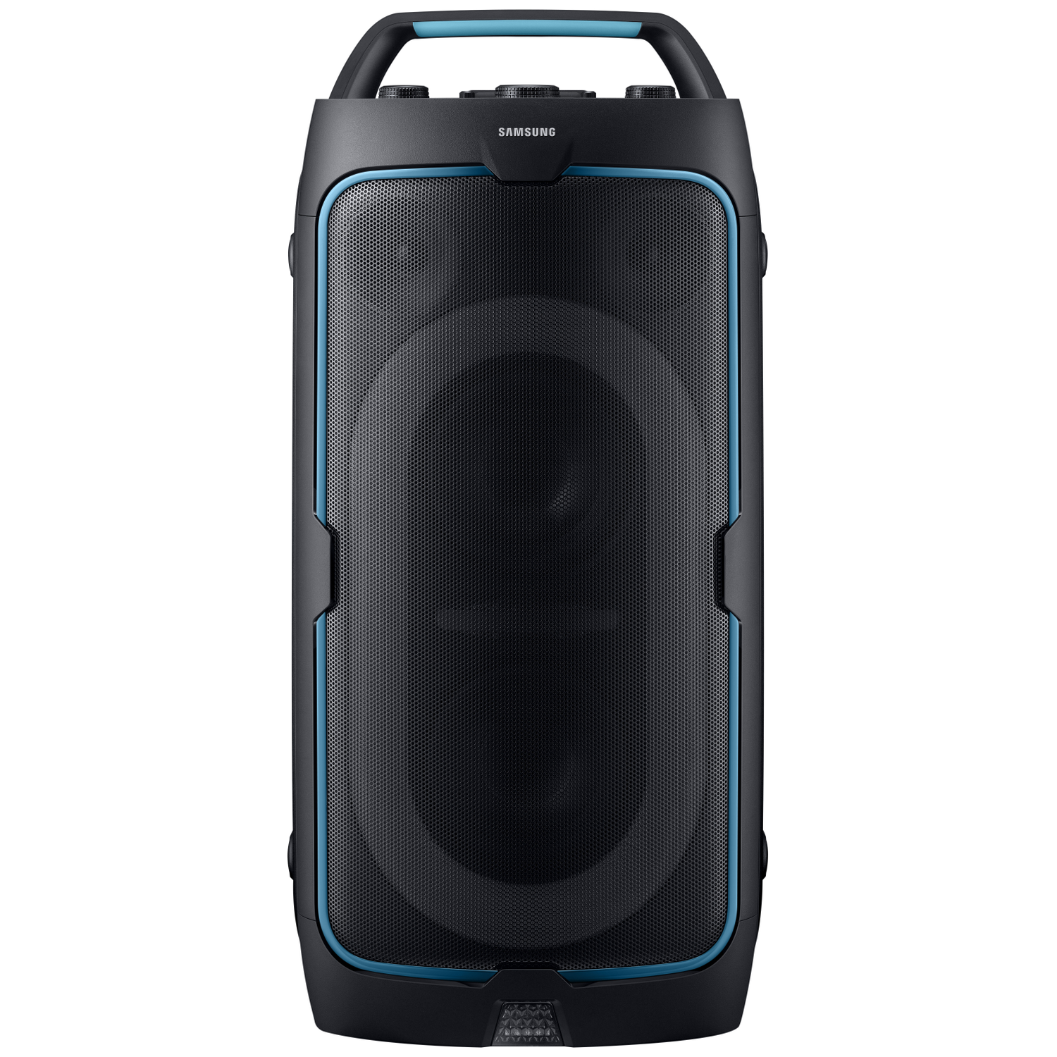 Black Samsung speaker with a blue handle and trim accents.