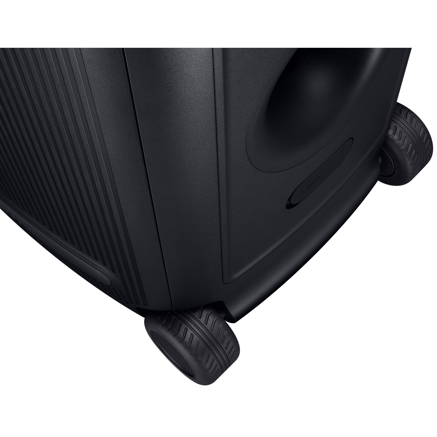 Black speaker with wheels and handle.