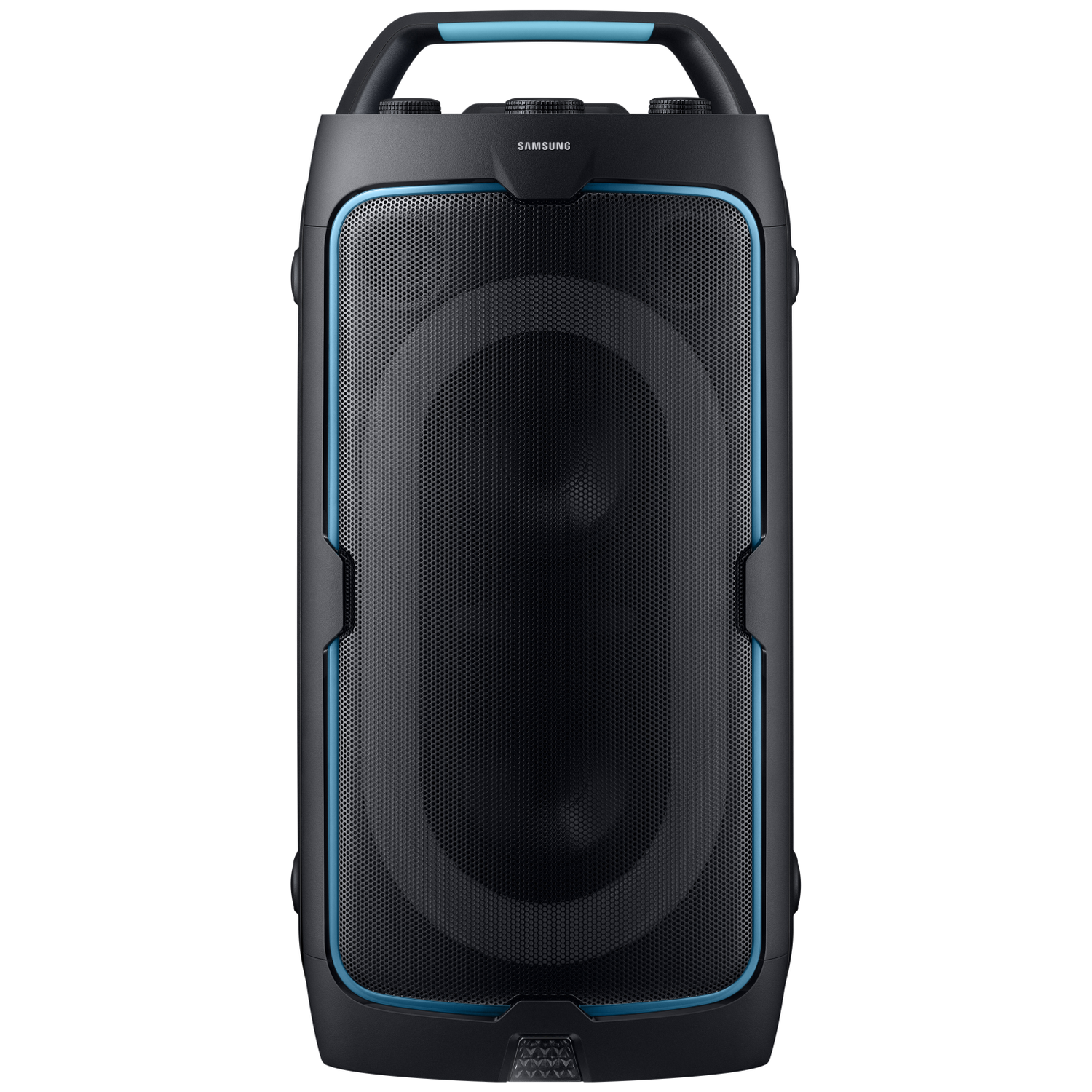 Black Samsung speaker with blue handle and accents.