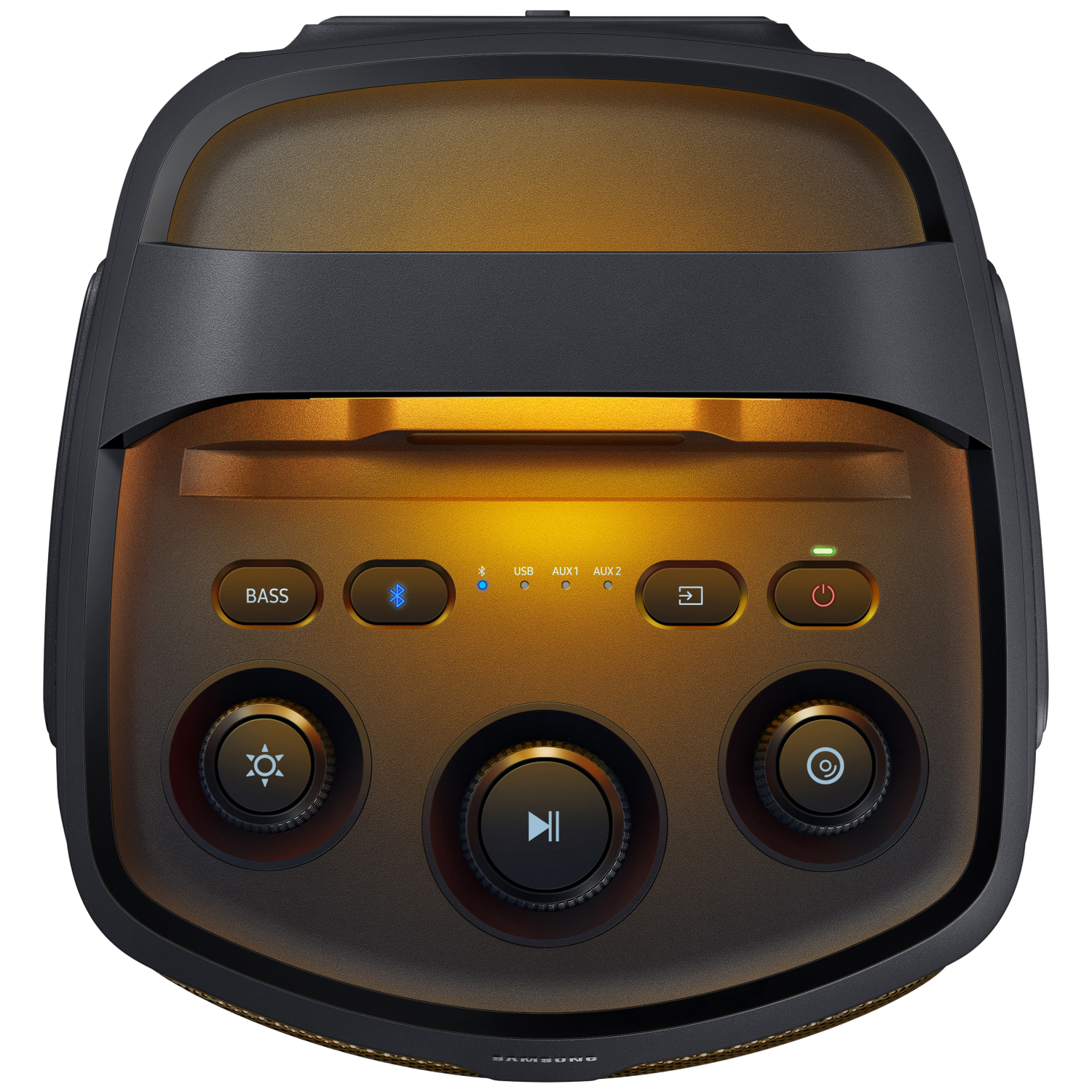 Black Bluetooth speaker with yellow light and control buttons.